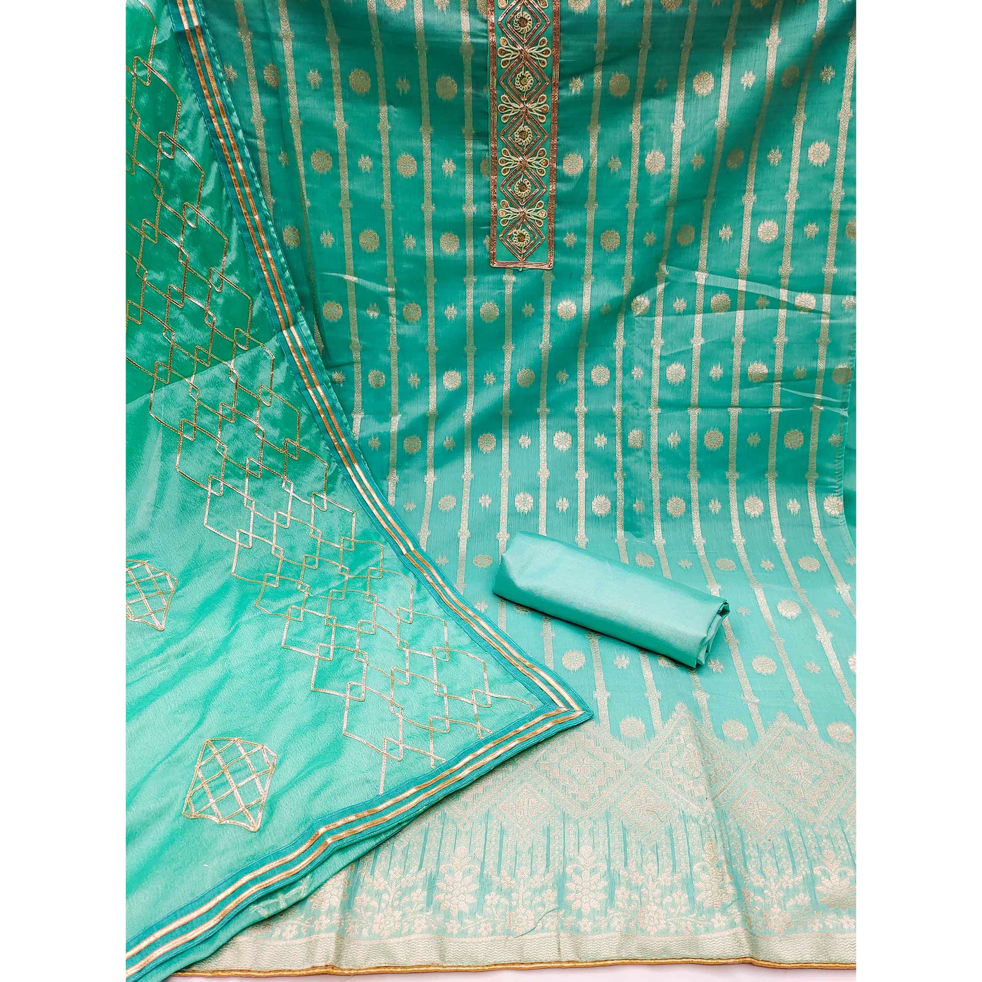 Turquoise Floral Woven Banarasi Silk Dress Material - Image 3