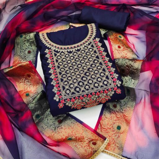 Navy Blue Embroidered Modal Dress Material