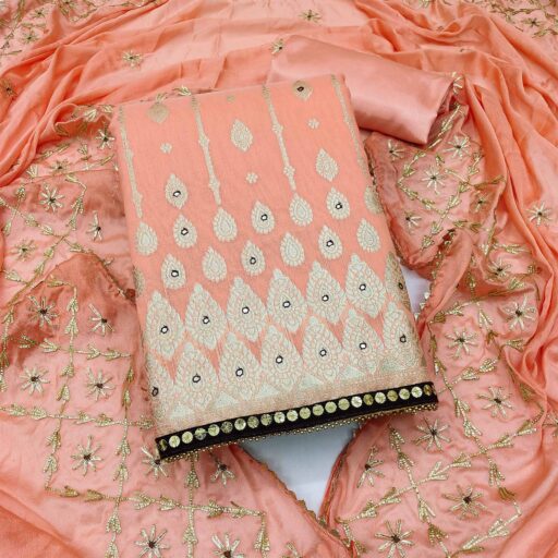 Peach Woven Banarasi Silk Dress Material