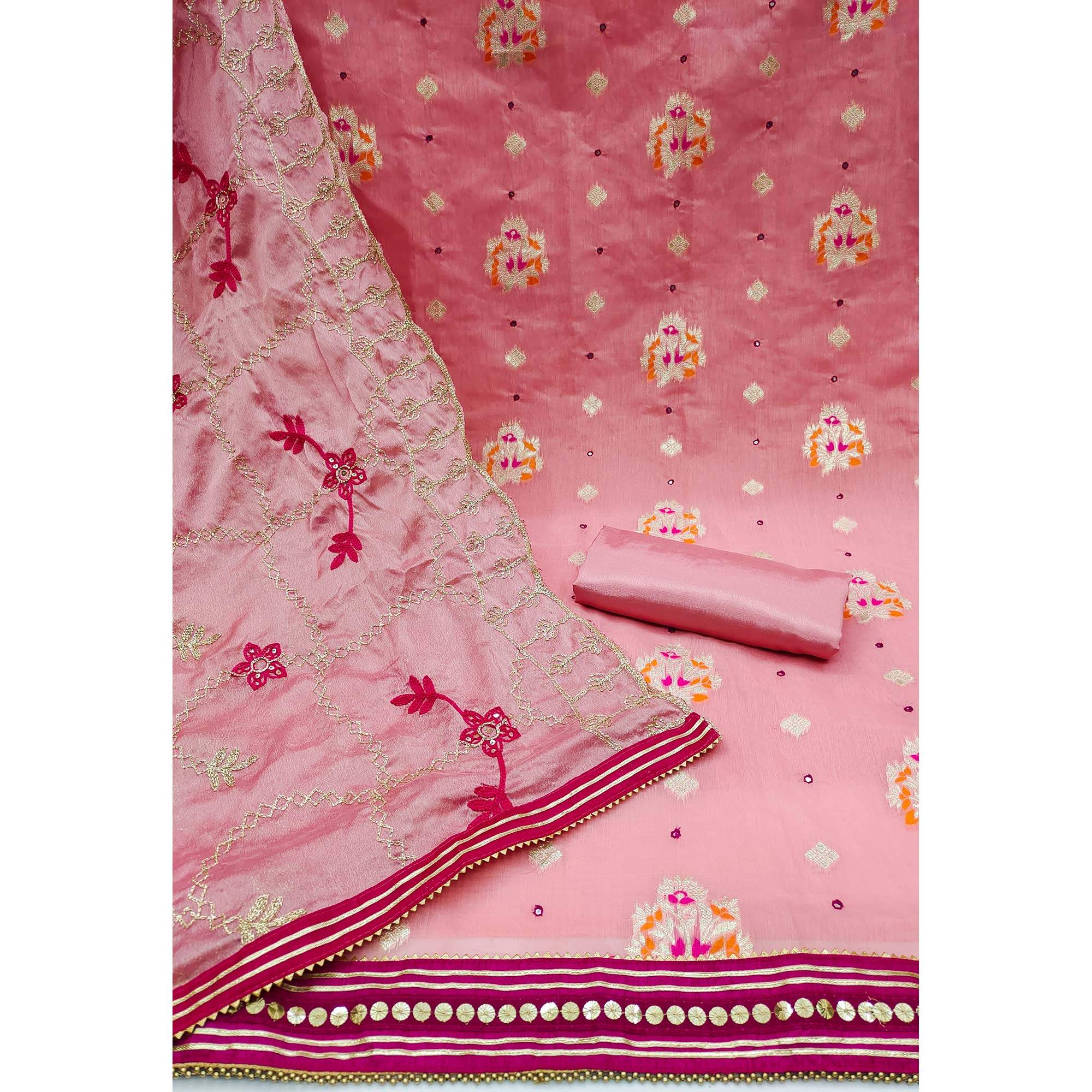 Pink Floral Woven Banarasi Silk Dress Material - Image 2