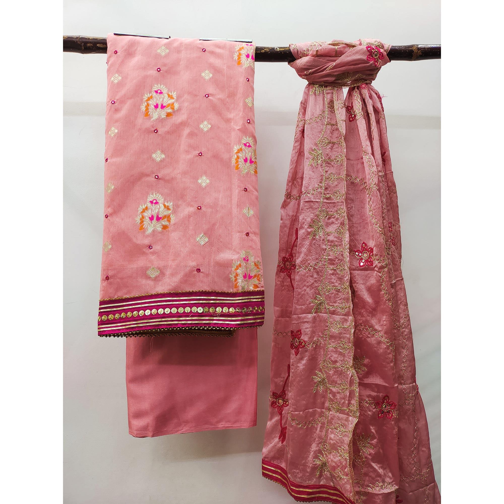 Pink Floral Woven Banarasi Silk Dress Material - Image 3
