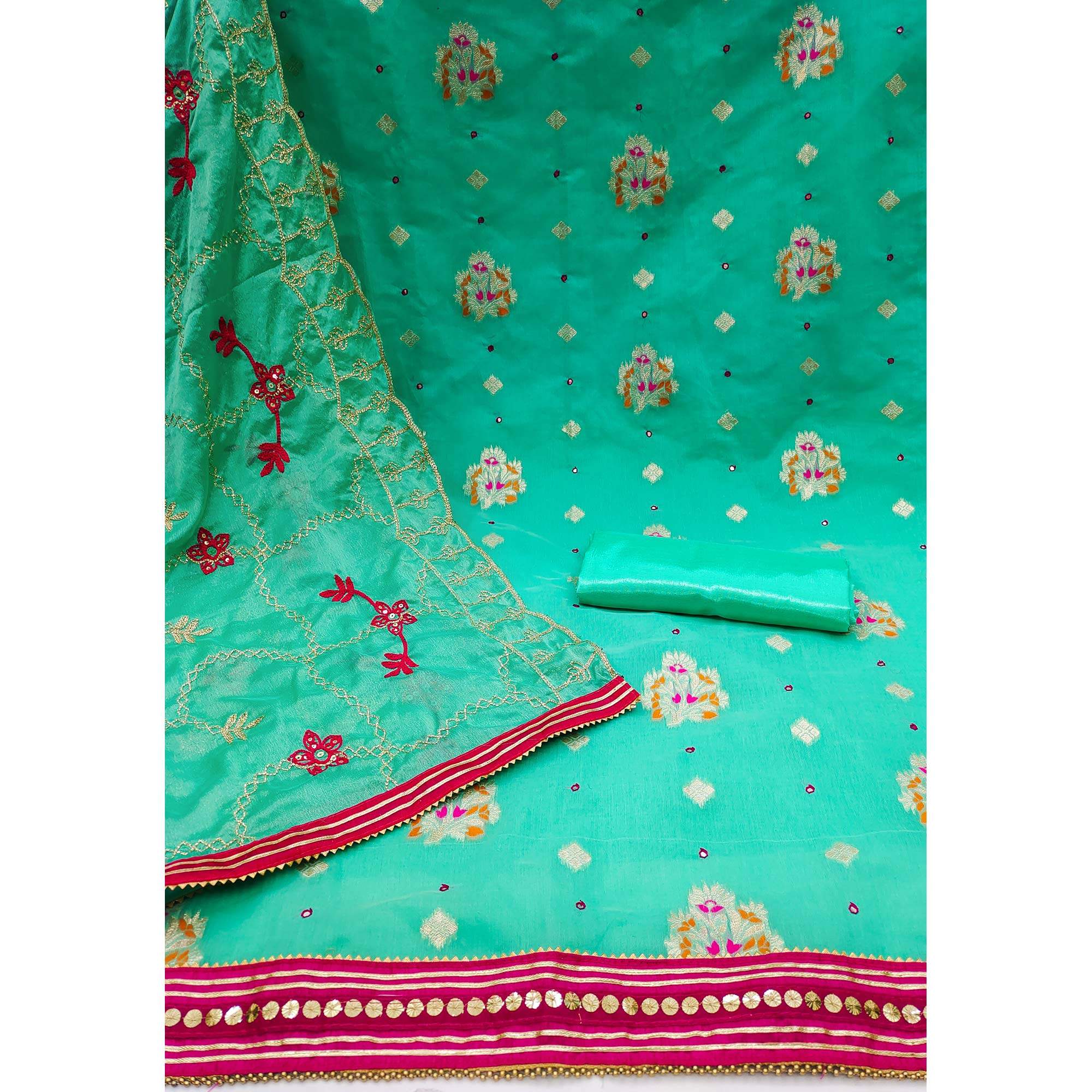 Turquoise Floral Woven Banarasi Silk Dress Material - Image 2