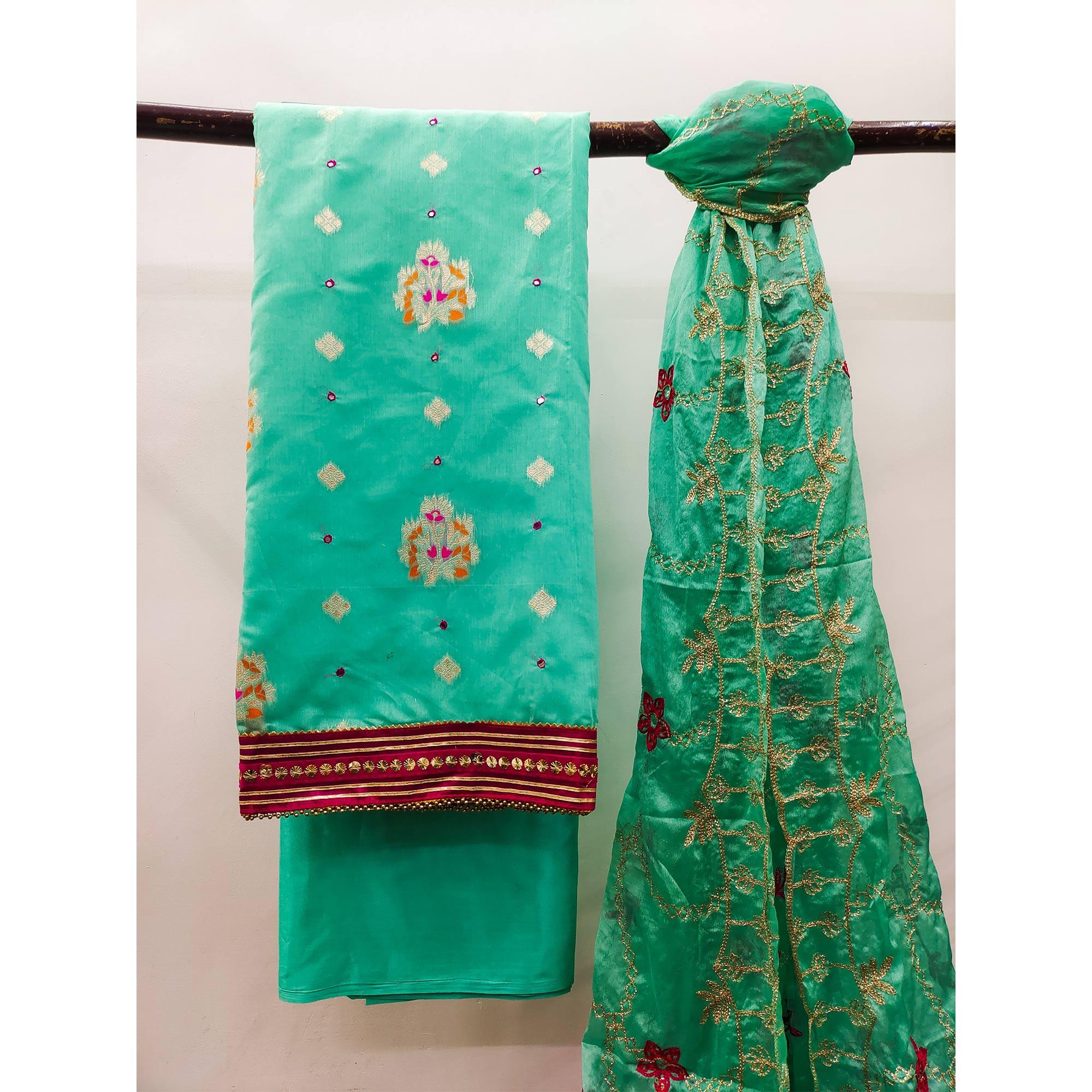 Turquoise Floral Woven Banarasi Silk Dress Material - Image 3