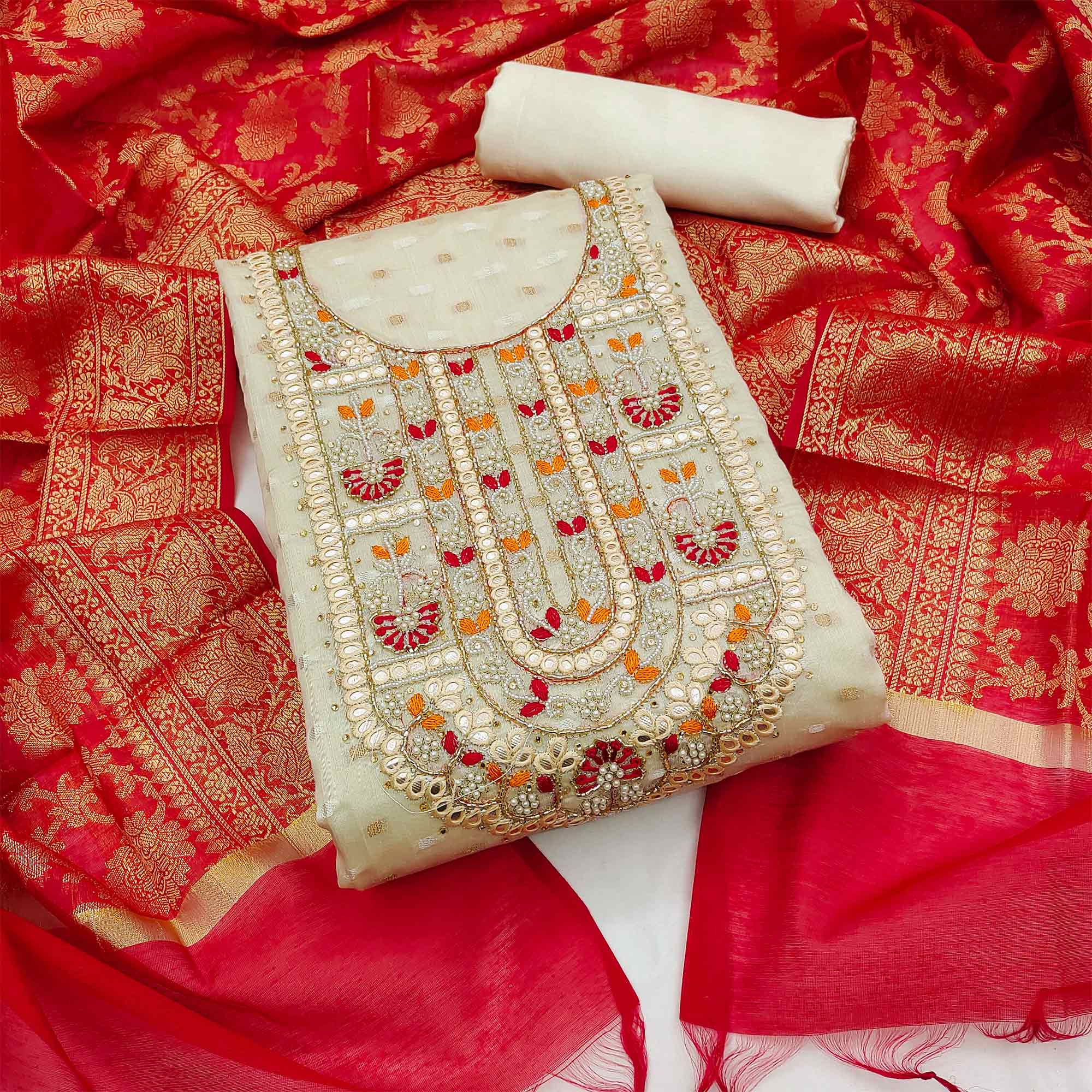 Cream Woven With Handwork Banarasi Silk Dress Material
