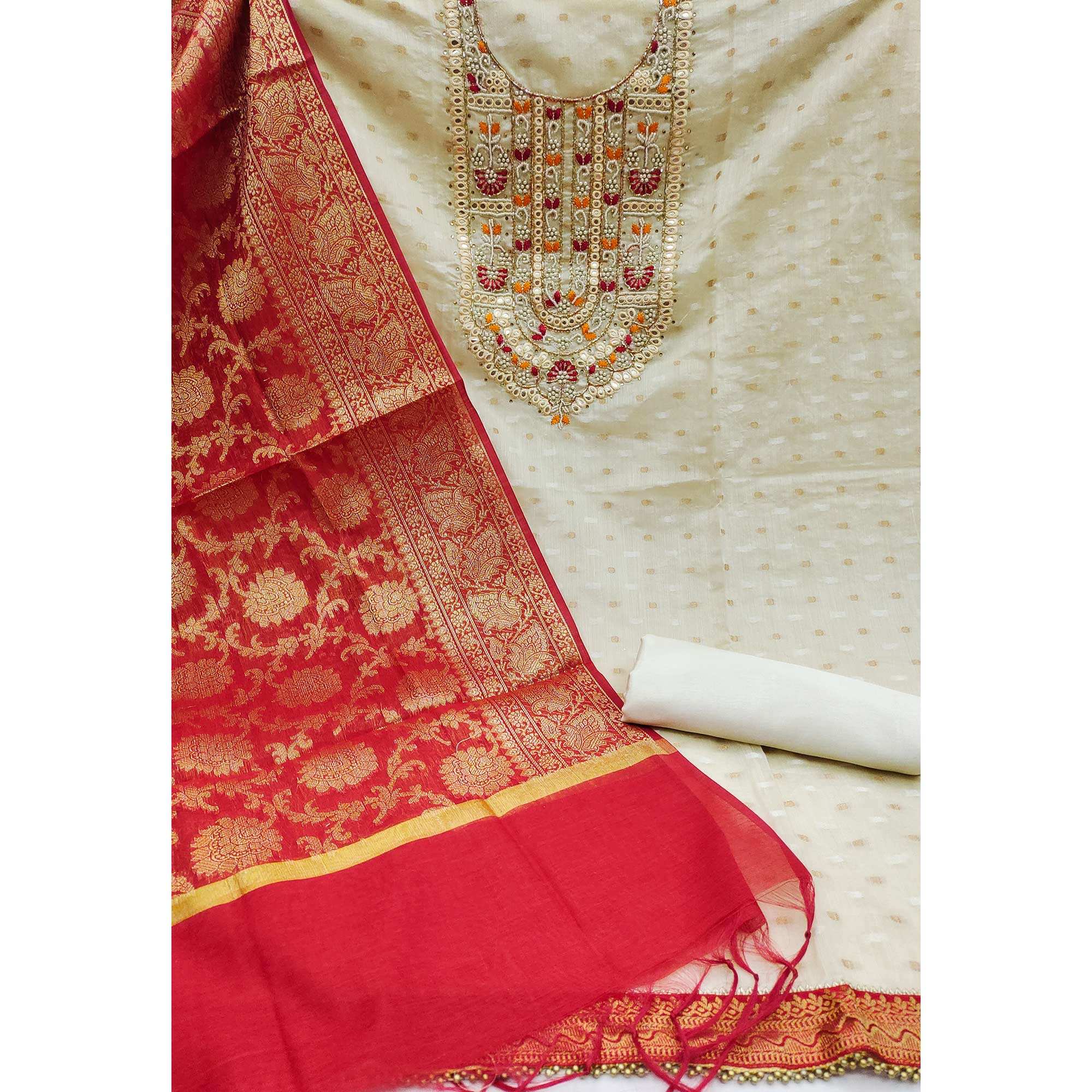 Cream Woven With Handwork Banarasi Silk Dress Material - Image 2