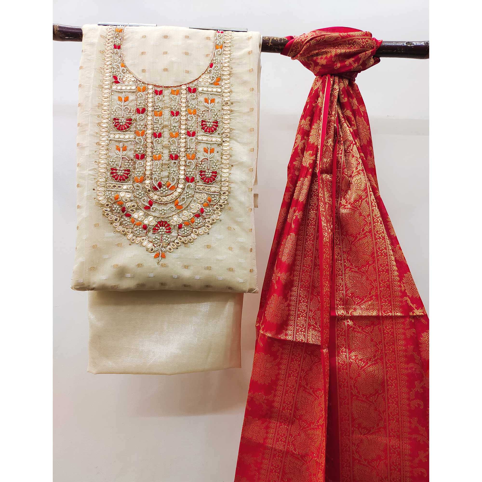 Cream Woven With Handwork Banarasi Silk Dress Material - Image 3