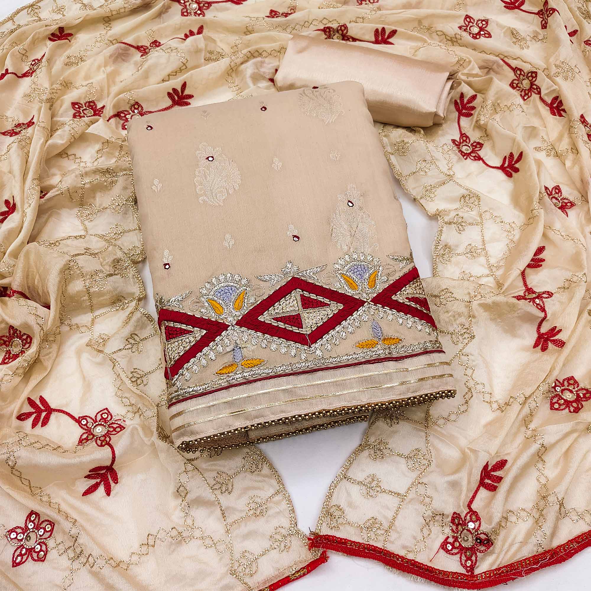 Chikoo Floral Woven Banarasi Silk Dress Material