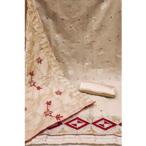 Chikoo Floral Woven Banarasi Silk Dress Material - Image 2