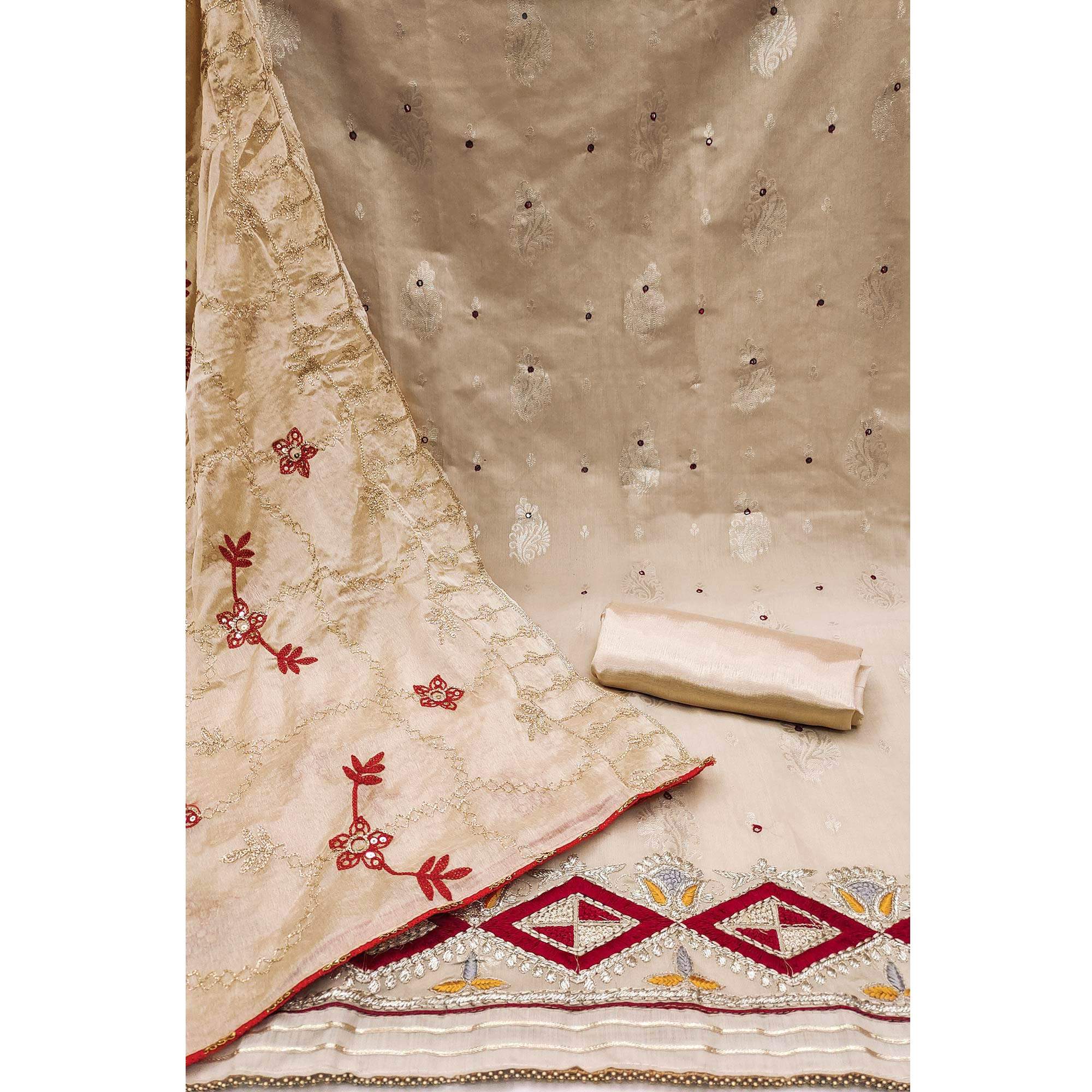Chikoo Floral Woven Banarasi Silk Dress Material - Image 2