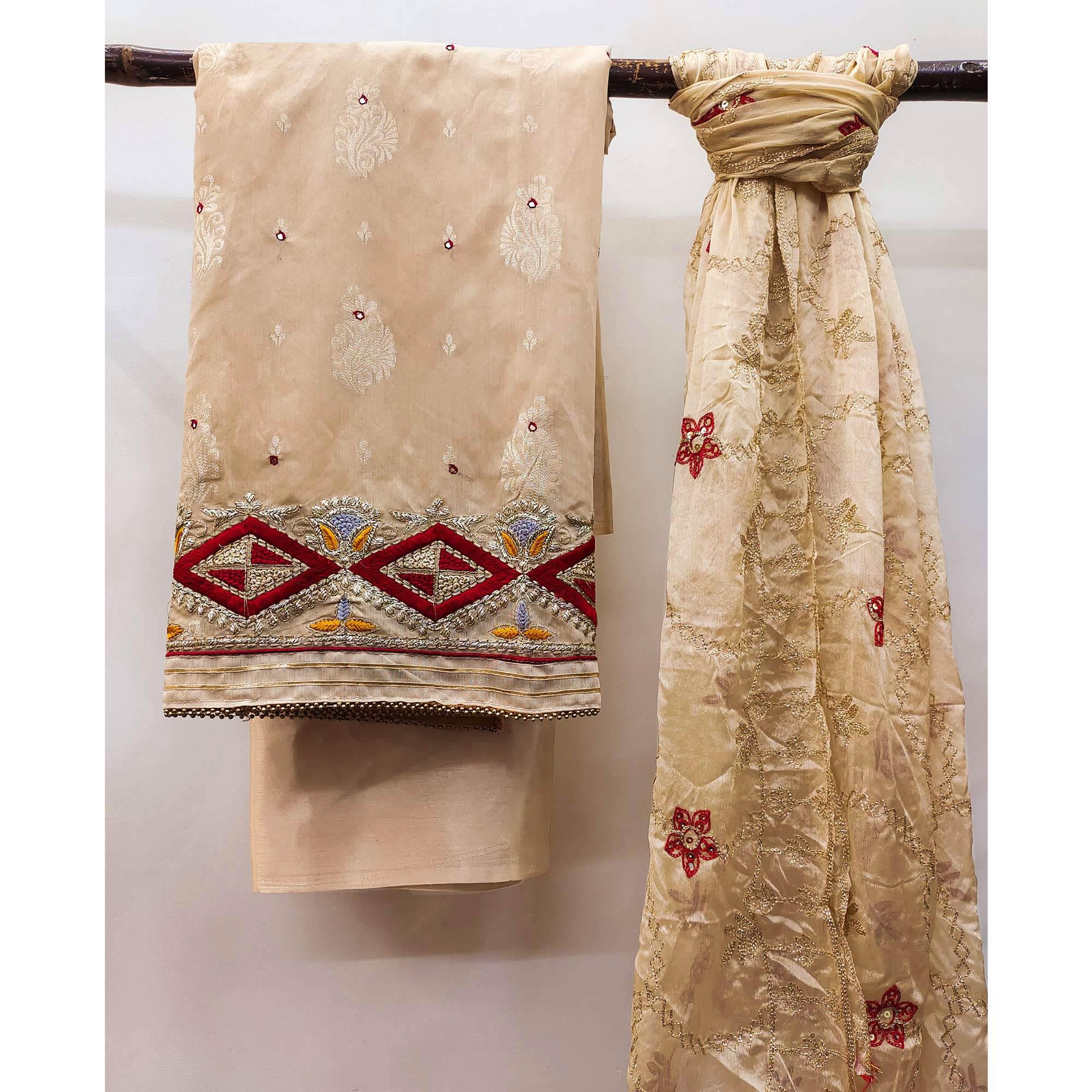 Chikoo Floral Woven Banarasi Silk Dress Material - Image 3