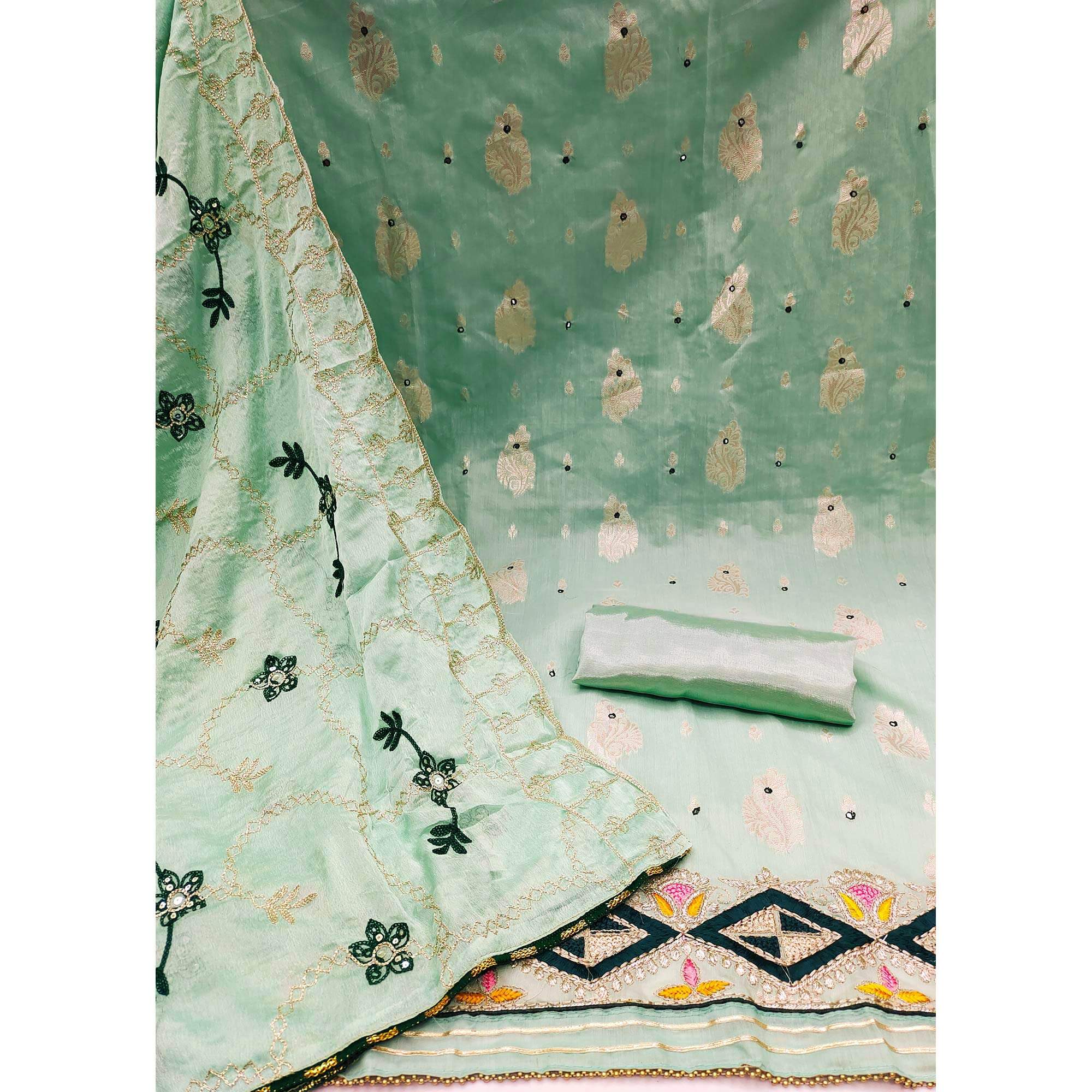 Green Floral Woven Banarasi Silk Dress Material - Image 2