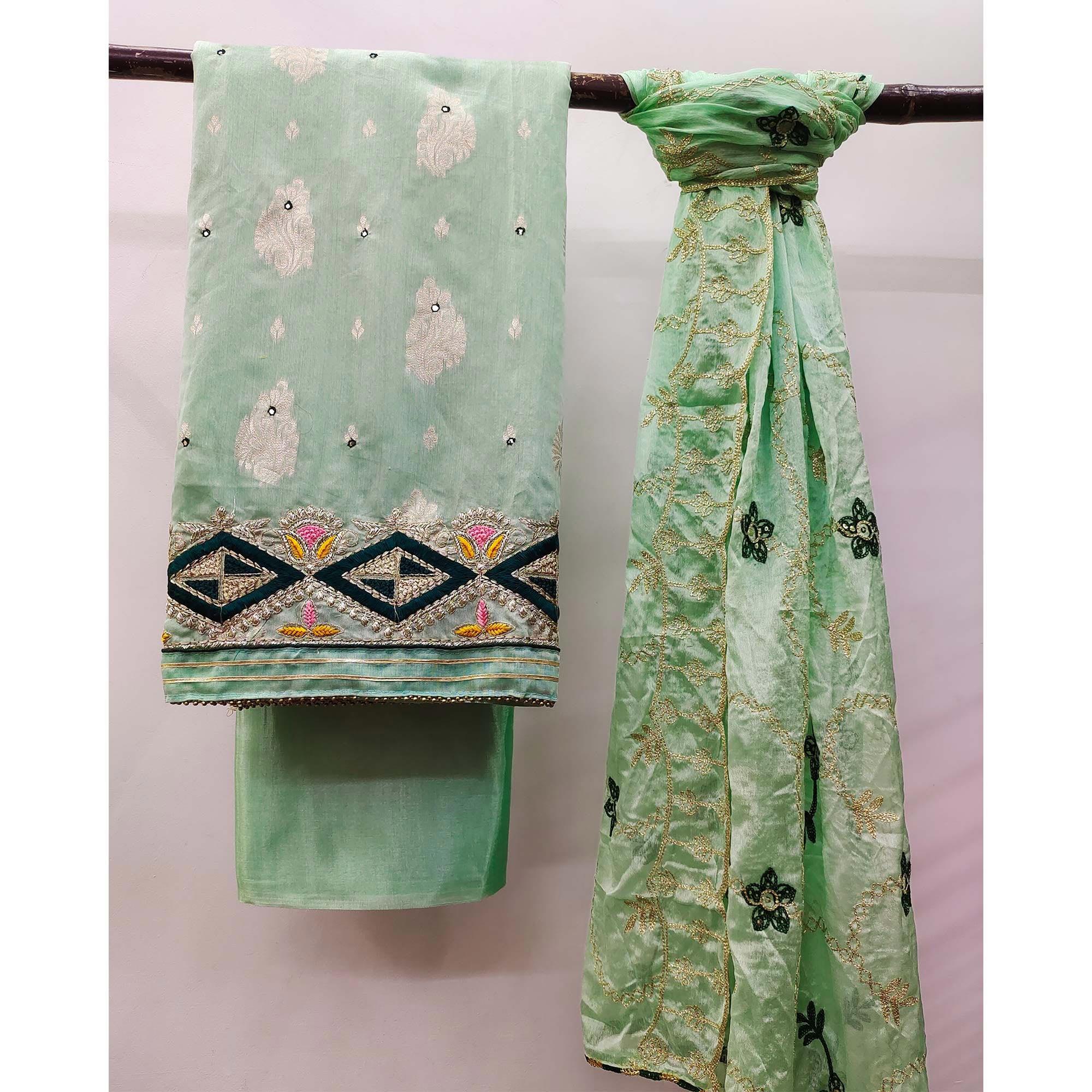 Green Floral Woven Banarasi Silk Dress Material - Image 3