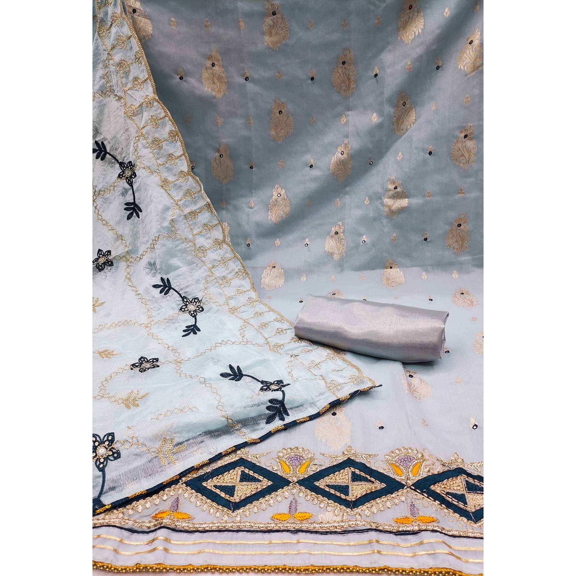 Grey Floral Woven Banarasi Silk Dress Material - Image 2