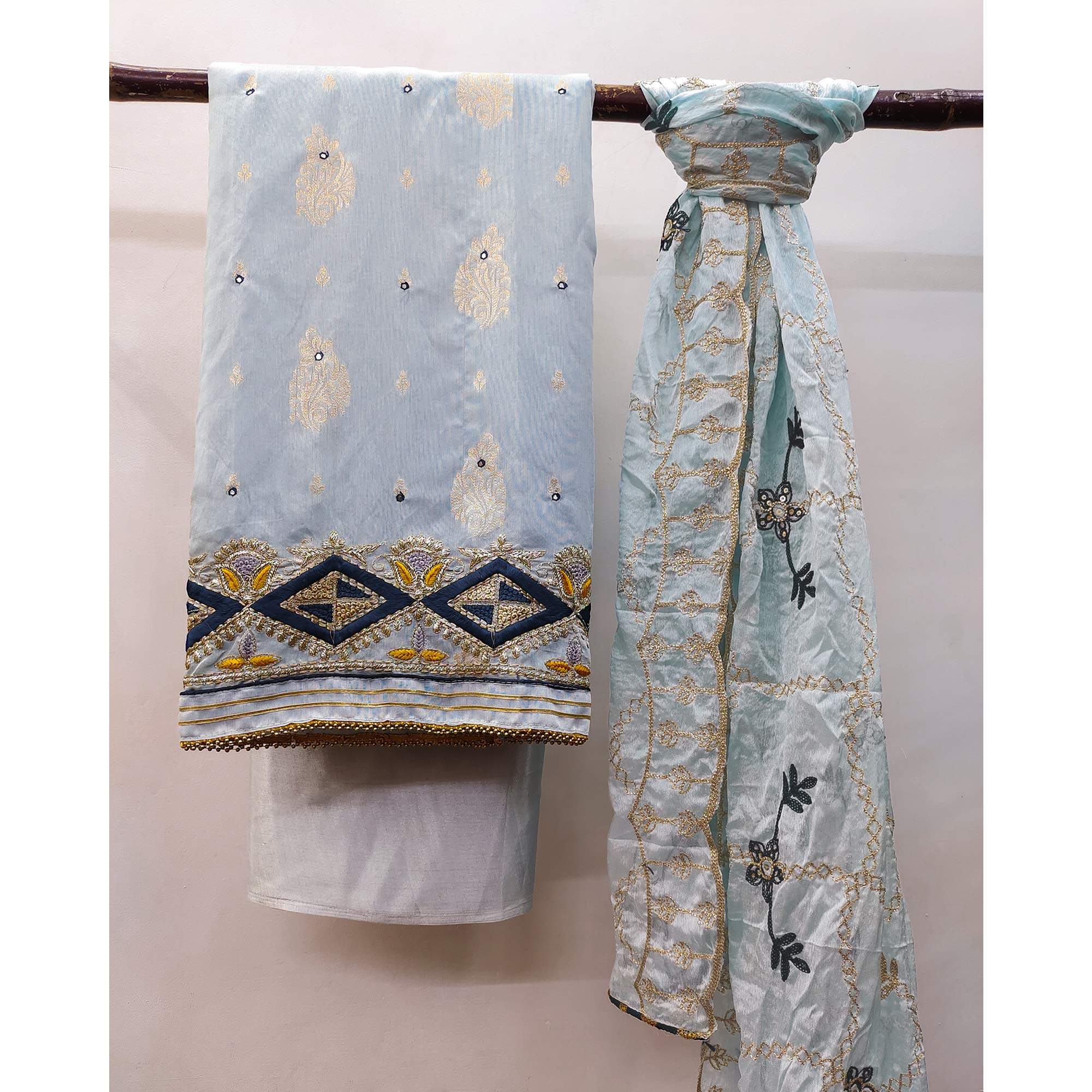 Grey Floral Woven Banarasi Silk Dress Material - Image 3