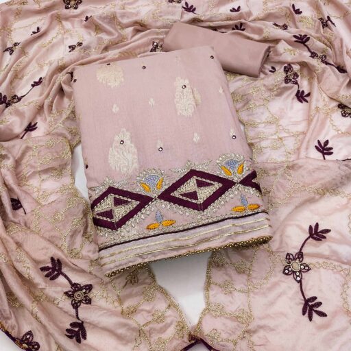 Mauve Floral Woven Banarasi Silk Dress Material