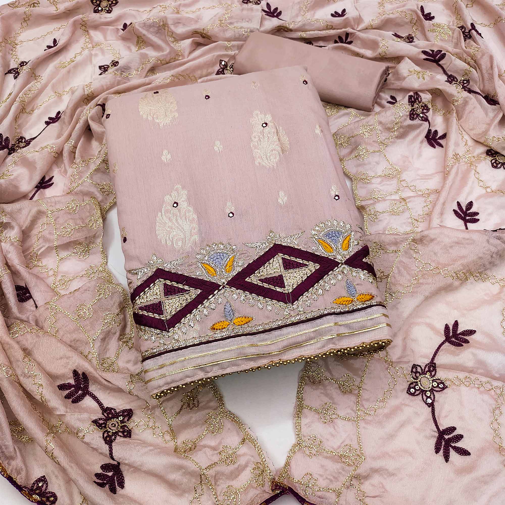 Mauve Floral Woven Banarasi Silk Dress Material