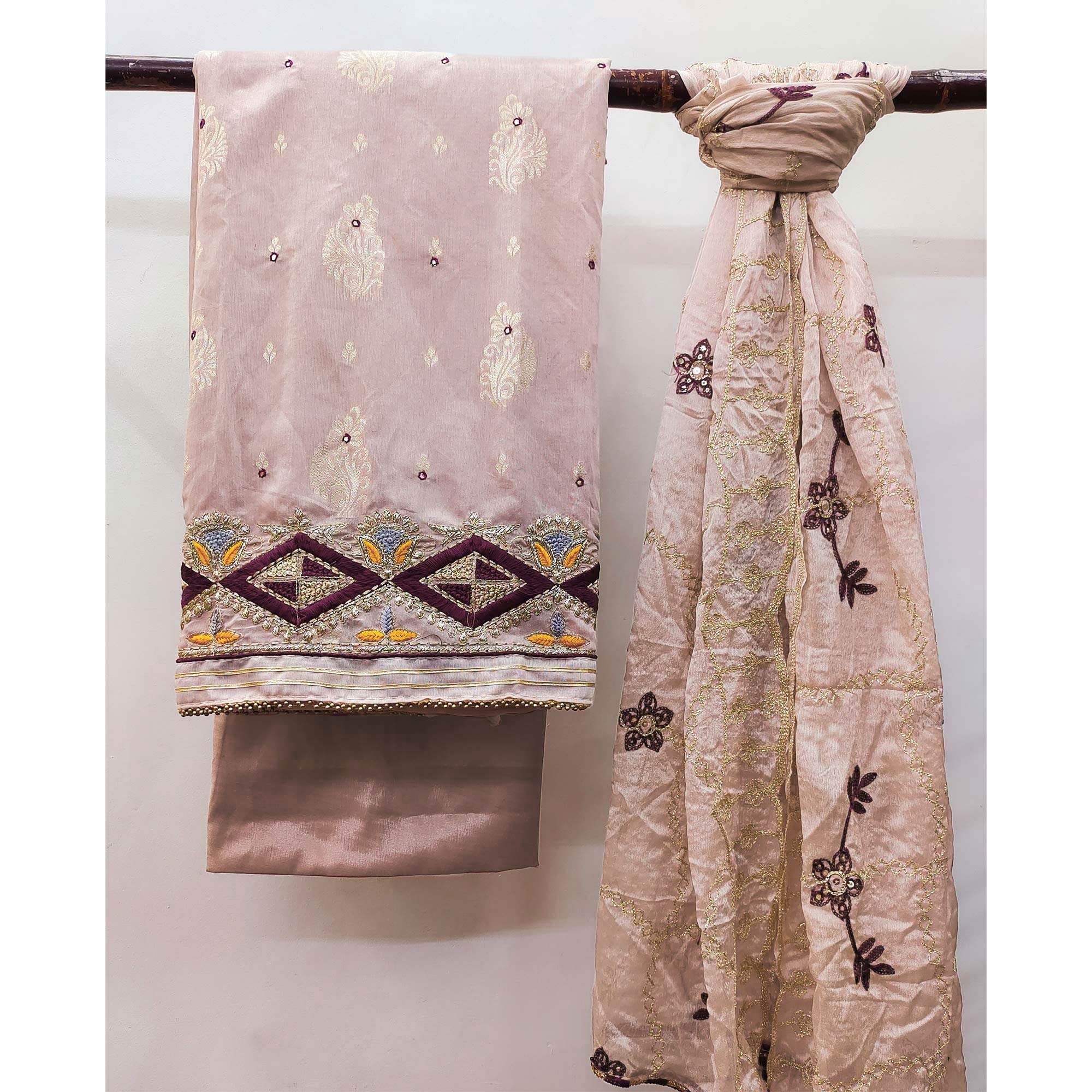Mauve Floral Woven Banarasi Silk Dress Material - Image 3