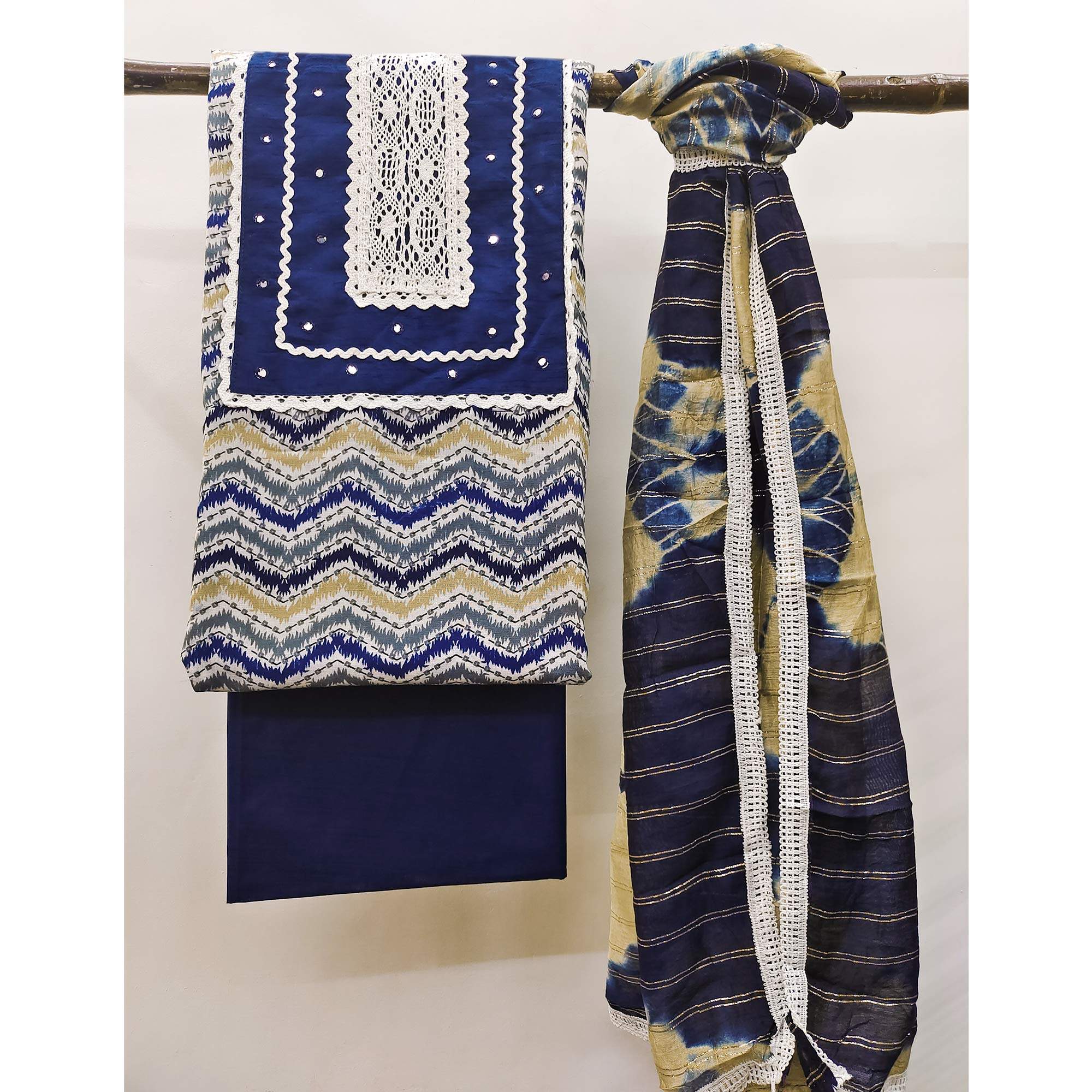 Navy Blue Printed With Embroidered Pure Cotton Dress Material - Image 3
