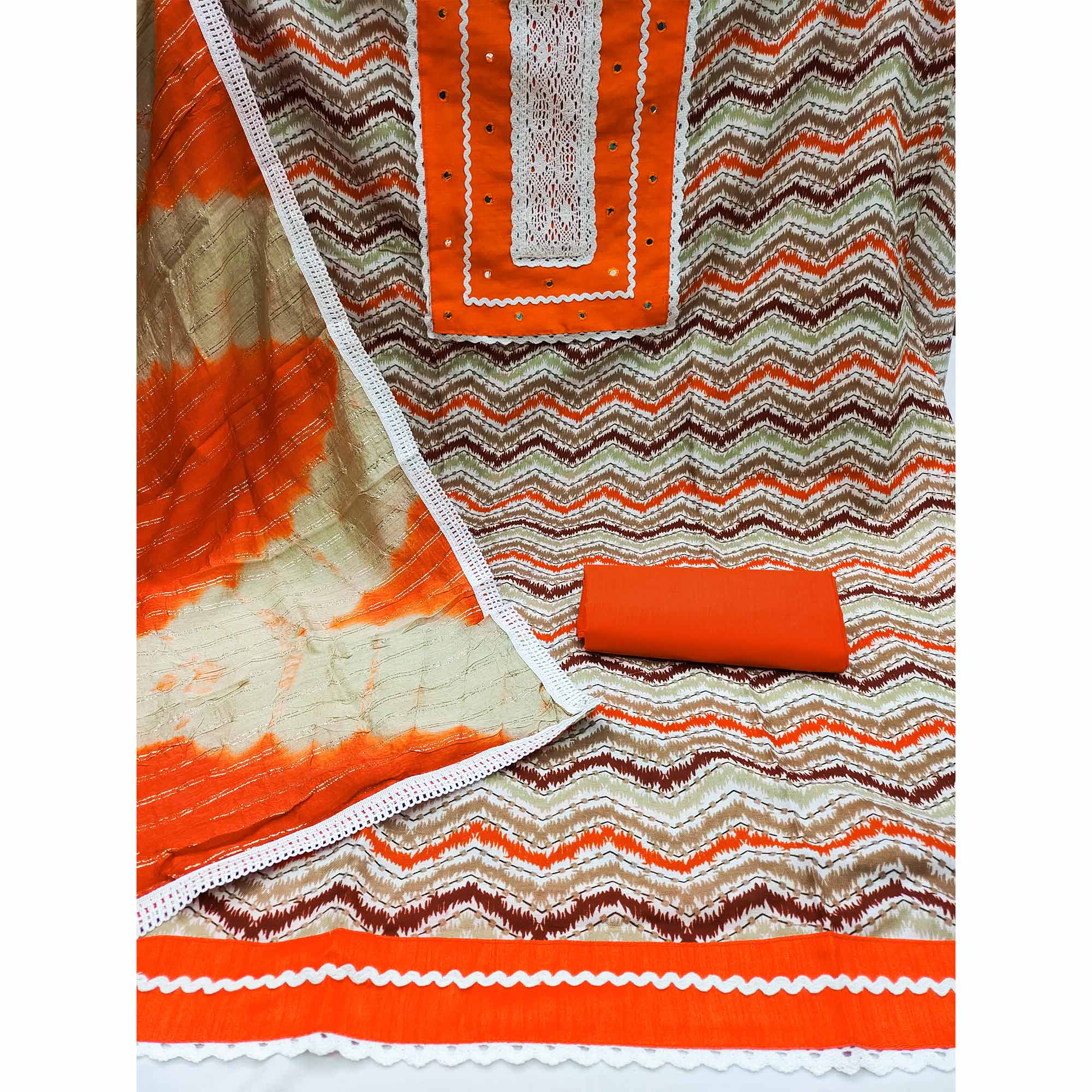 Orange Printed With Embroidered Pure Cotton Dress Material - Image 2