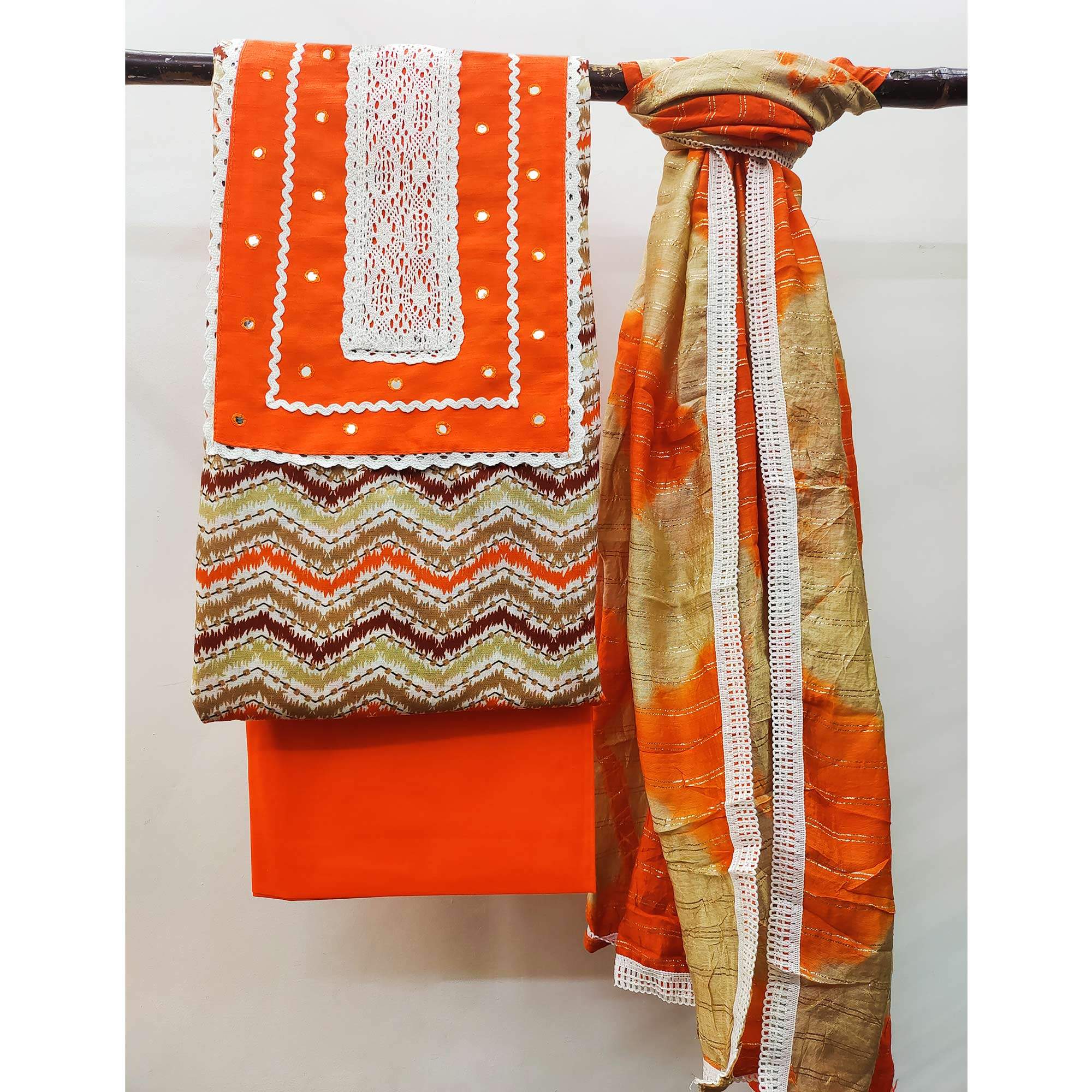 Orange Printed With Embroidered Pure Cotton Dress Material - Image 3