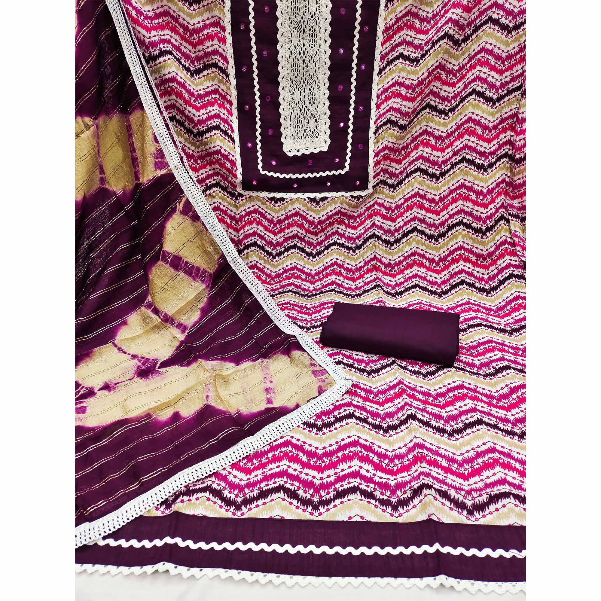 Purple Printed With Embroidered Pure Cotton Dress Material - Image 2