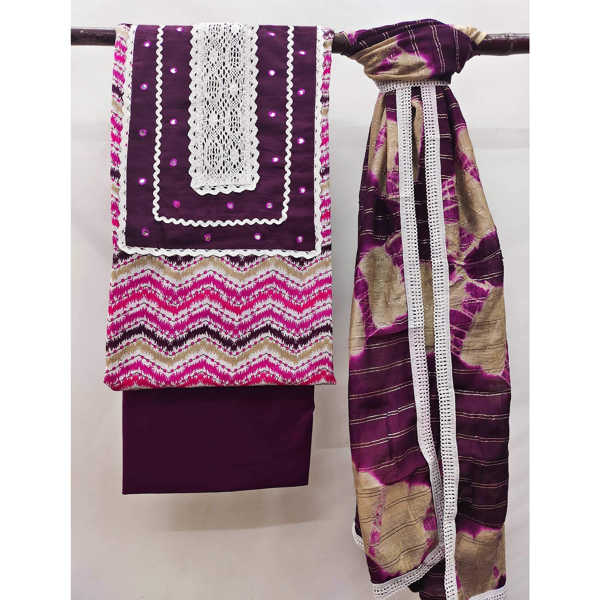 Purple Printed With Embroidered Pure Cotton Dress Material - Image 3