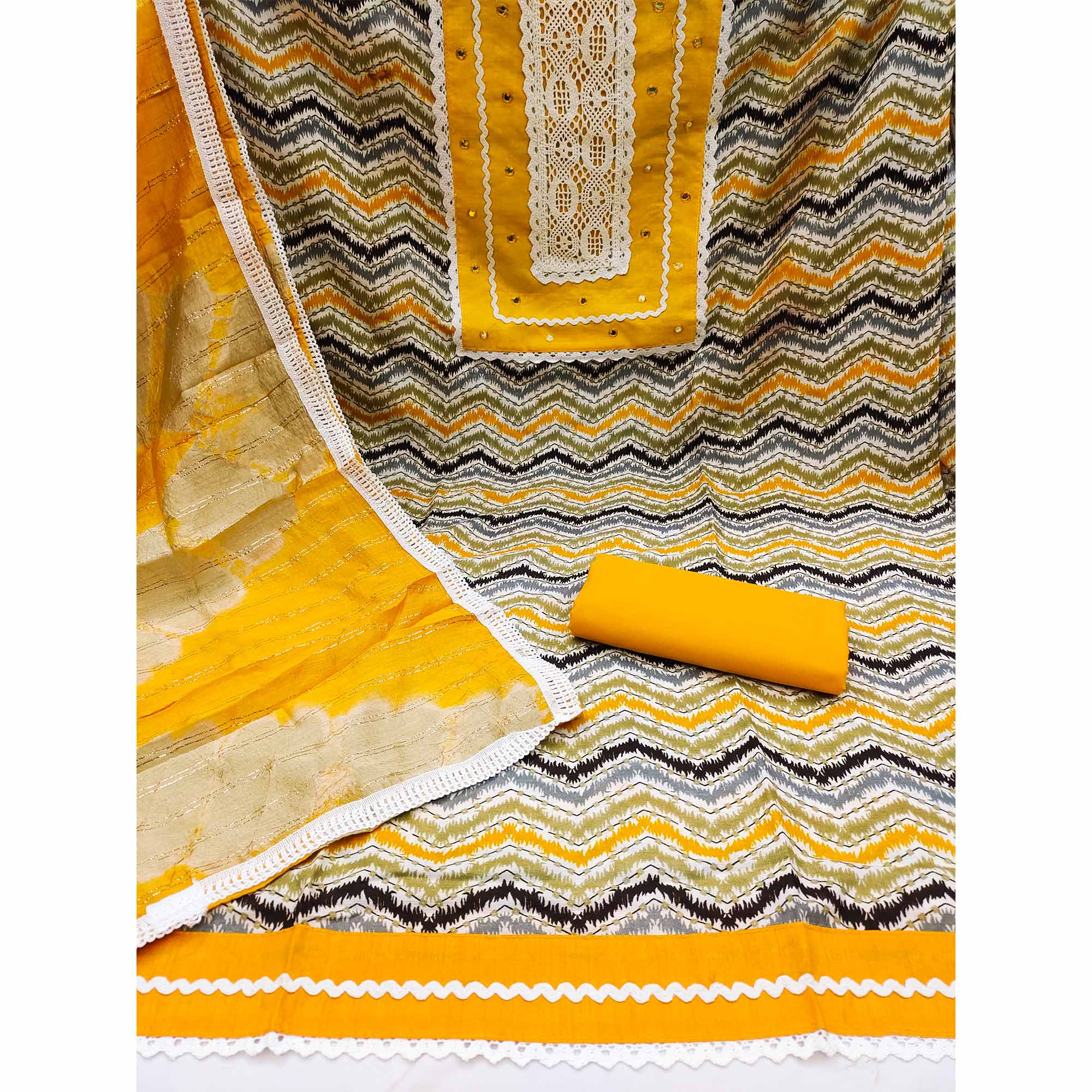 Yellow Printed With Embroidered Pure Cotton Dress Material - Image 2