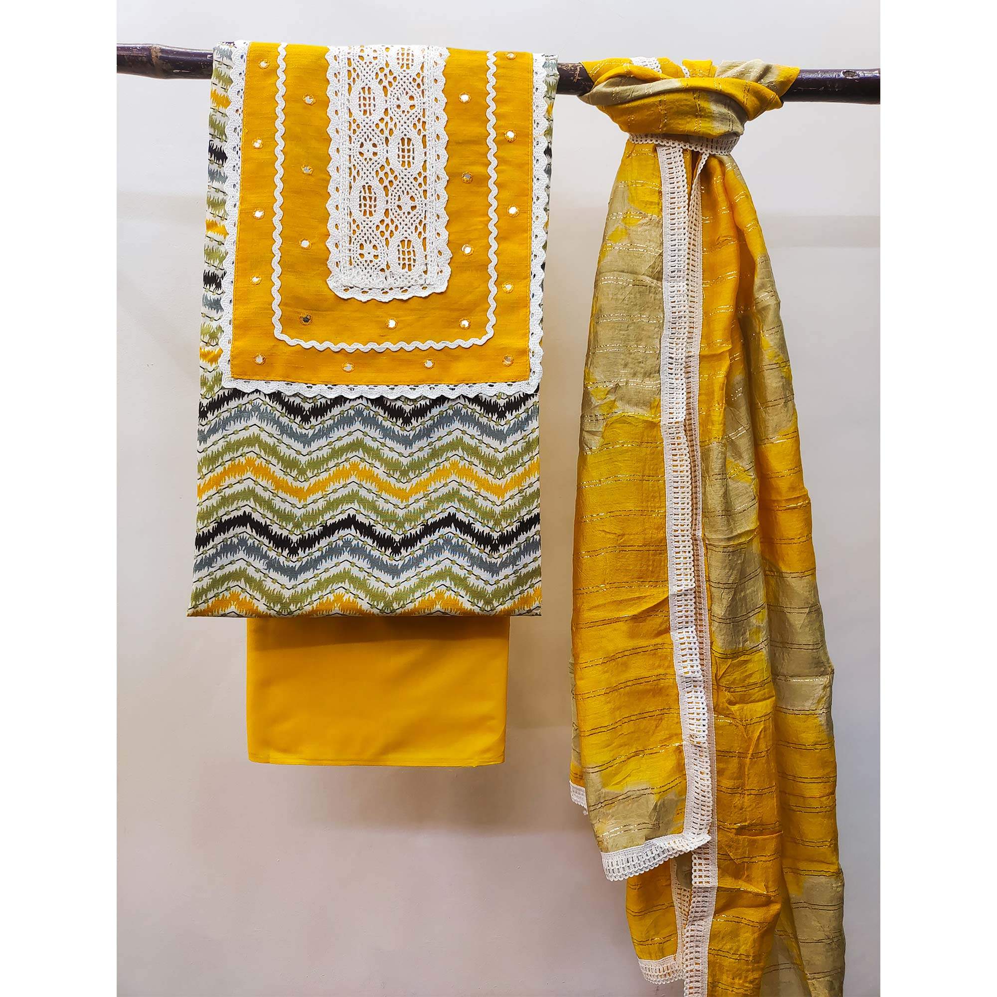Yellow Printed With Embroidered Pure Cotton Dress Material - Image 3