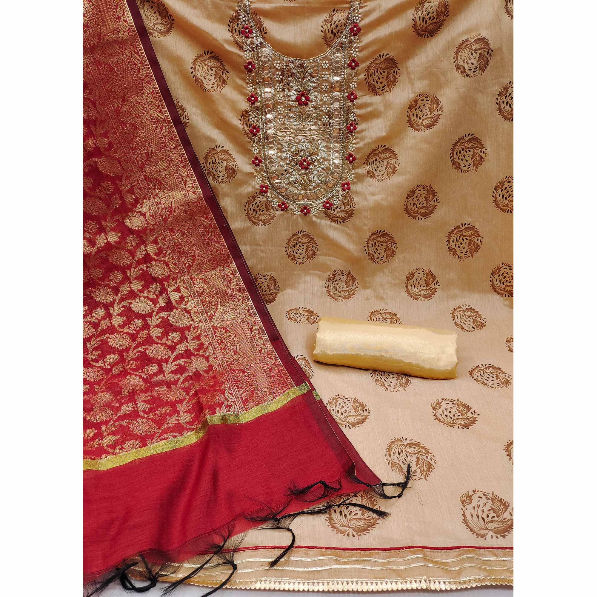 Beige Floral Printed With Handwork Modal Dress Material - Image 2