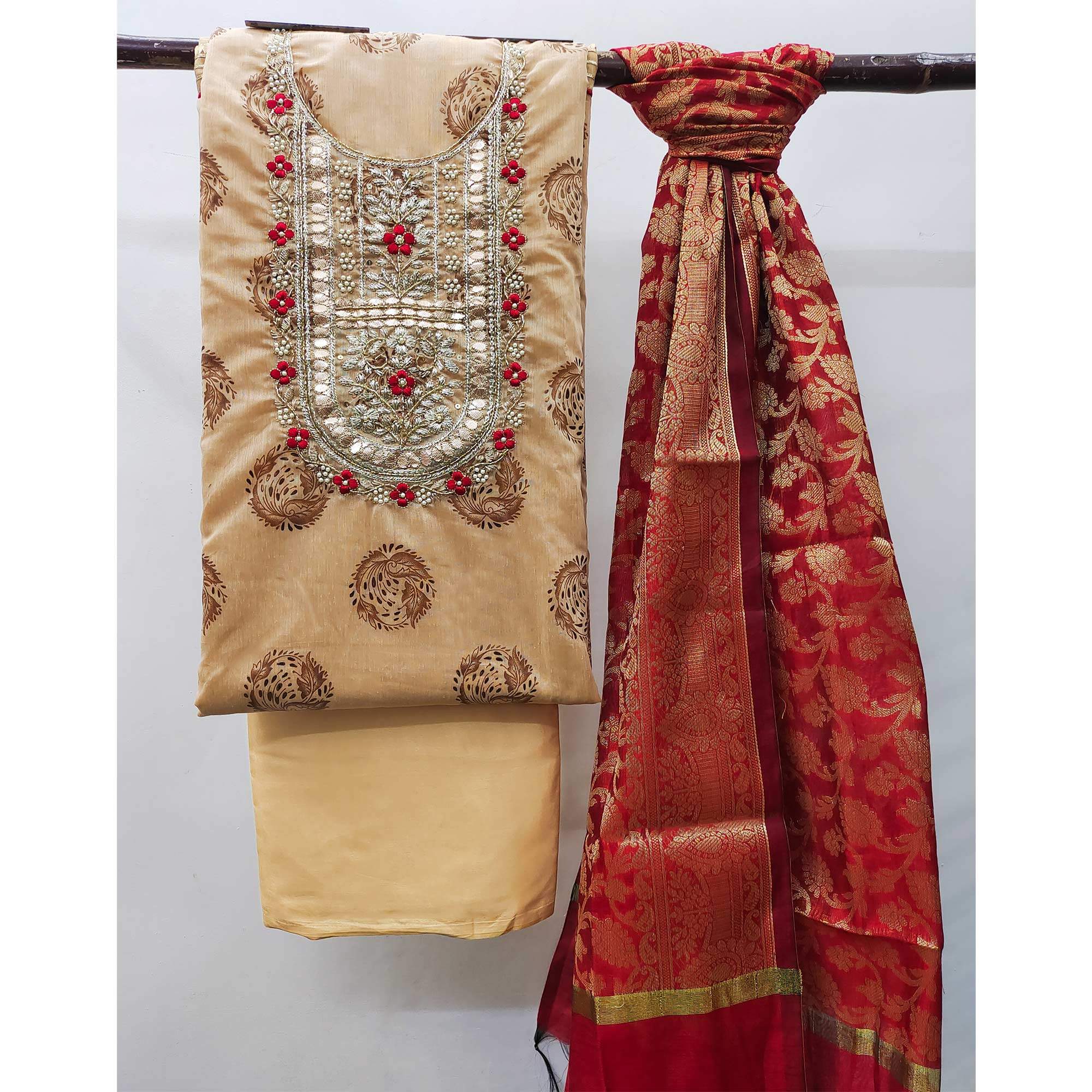 Beige Floral Printed With Handwork Modal Dress Material - Image 3