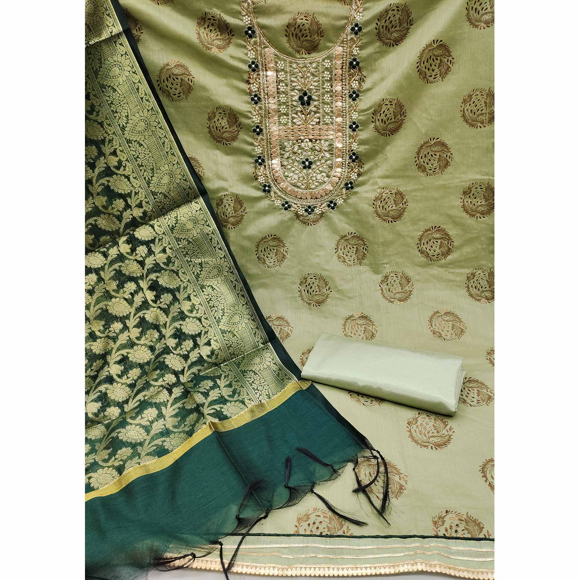 Green Floral Printed With Handwork Modal Dress Material - Image 2