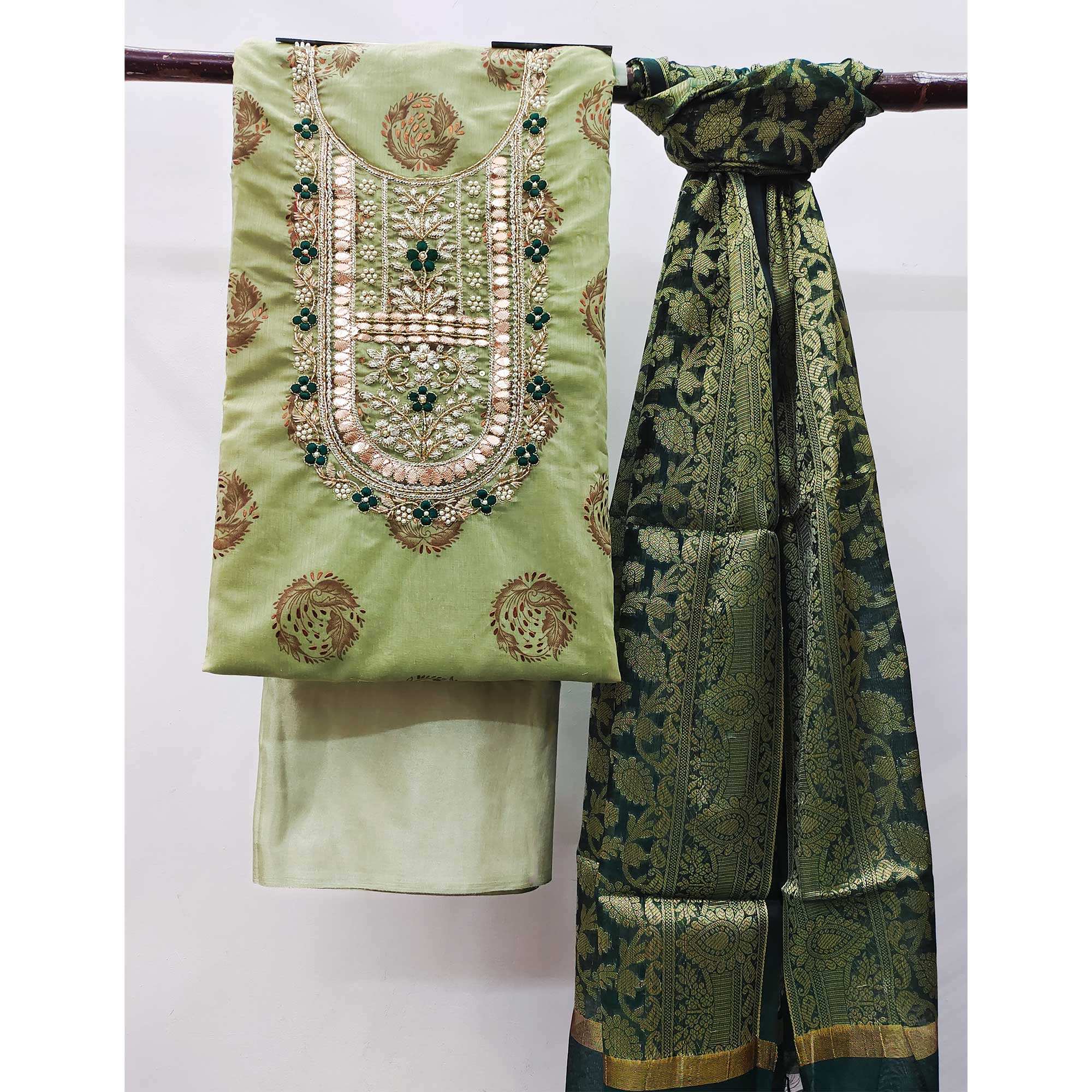 Green Floral Printed With Handwork Modal Dress Material - Image 3