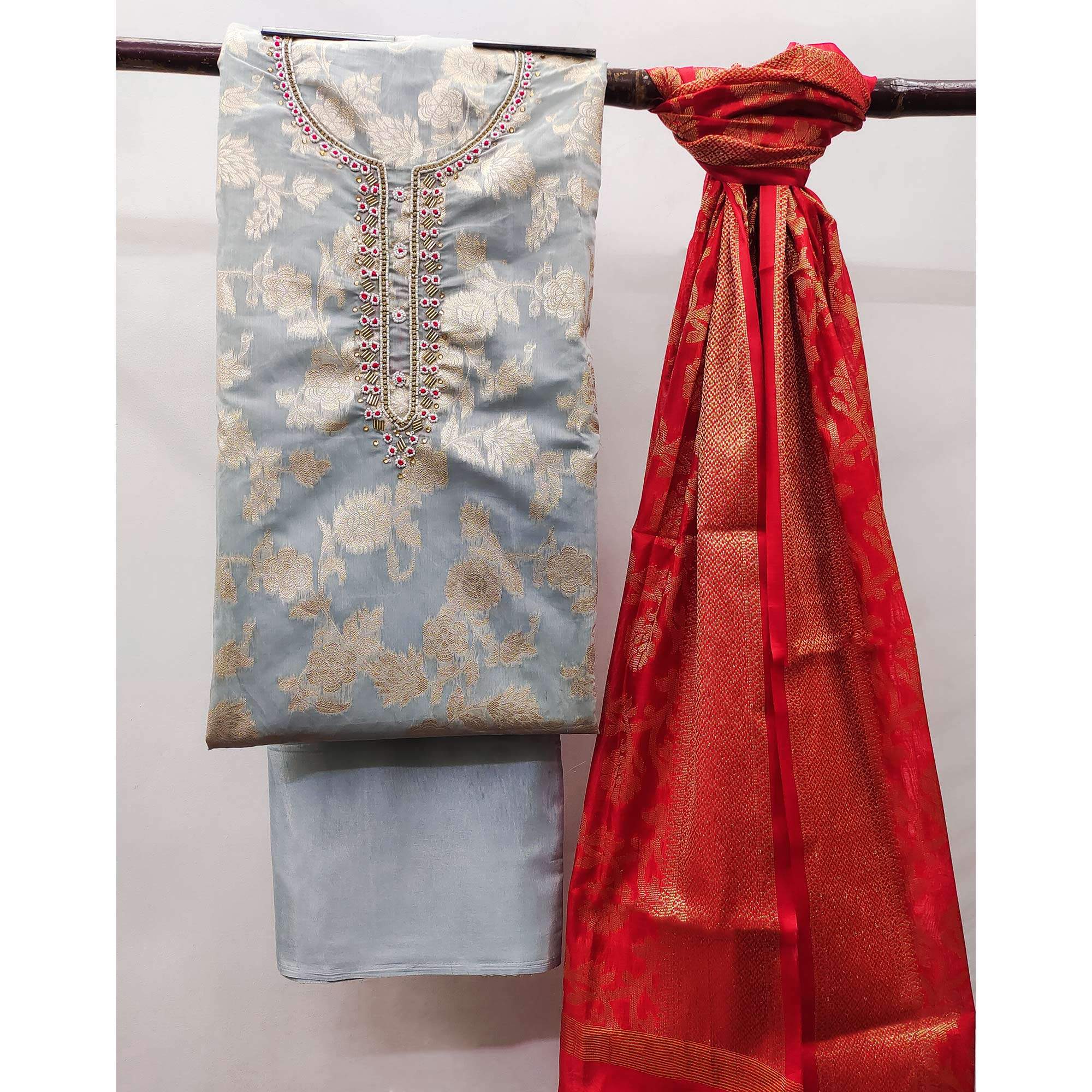 Grey Floral Woven With Handwork Banarasi Silk Dress Material - Image 3