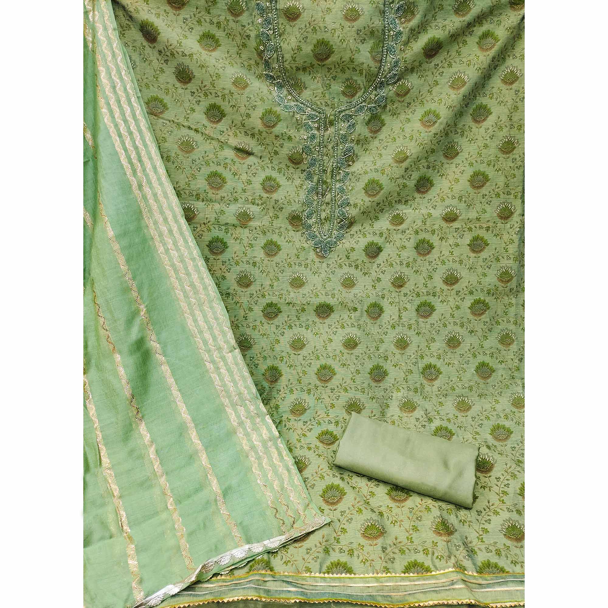 Green Printed With Handwork Modal Dress Material - Image 2