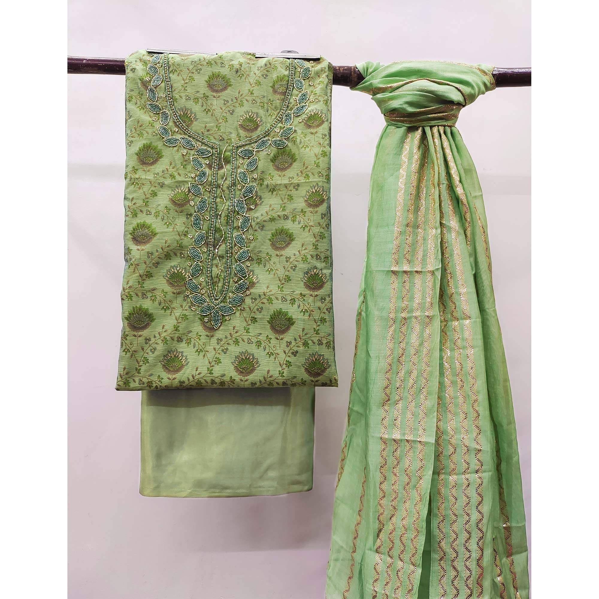 Green Printed With Handwork Modal Dress Material - Image 3