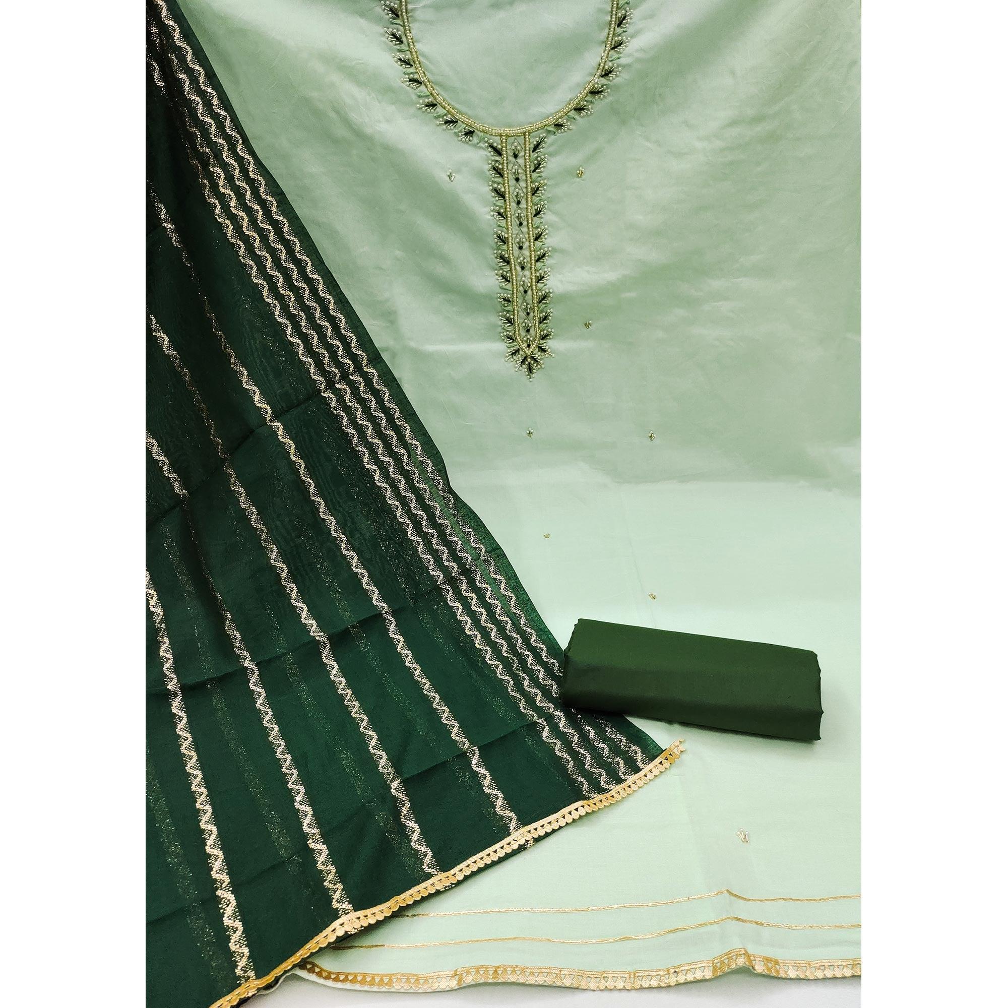 Green Zardosi Moti Work Pure Cotton Dress Material - Image 2