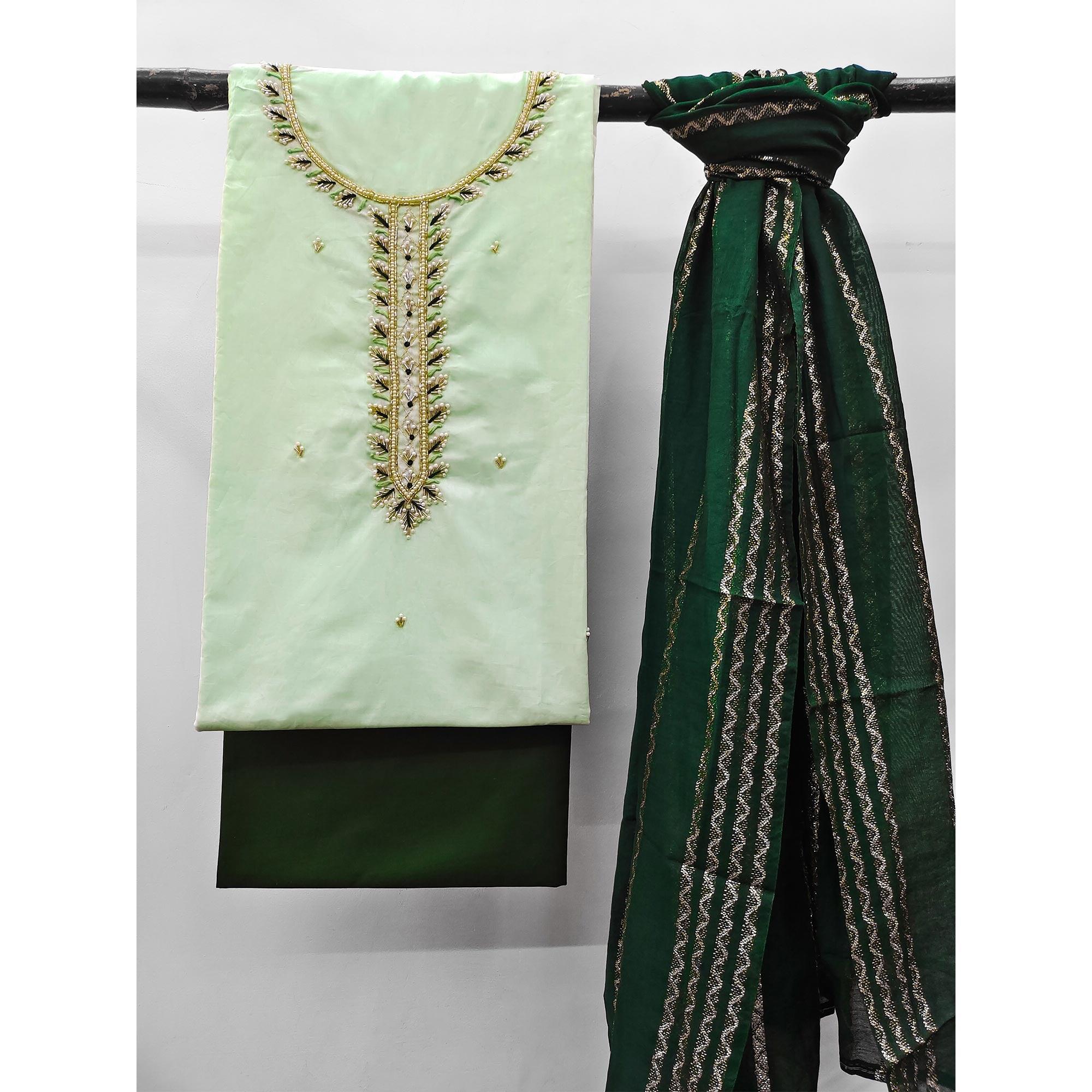Green Zardosi Moti Work Pure Cotton Dress Material - Image 3