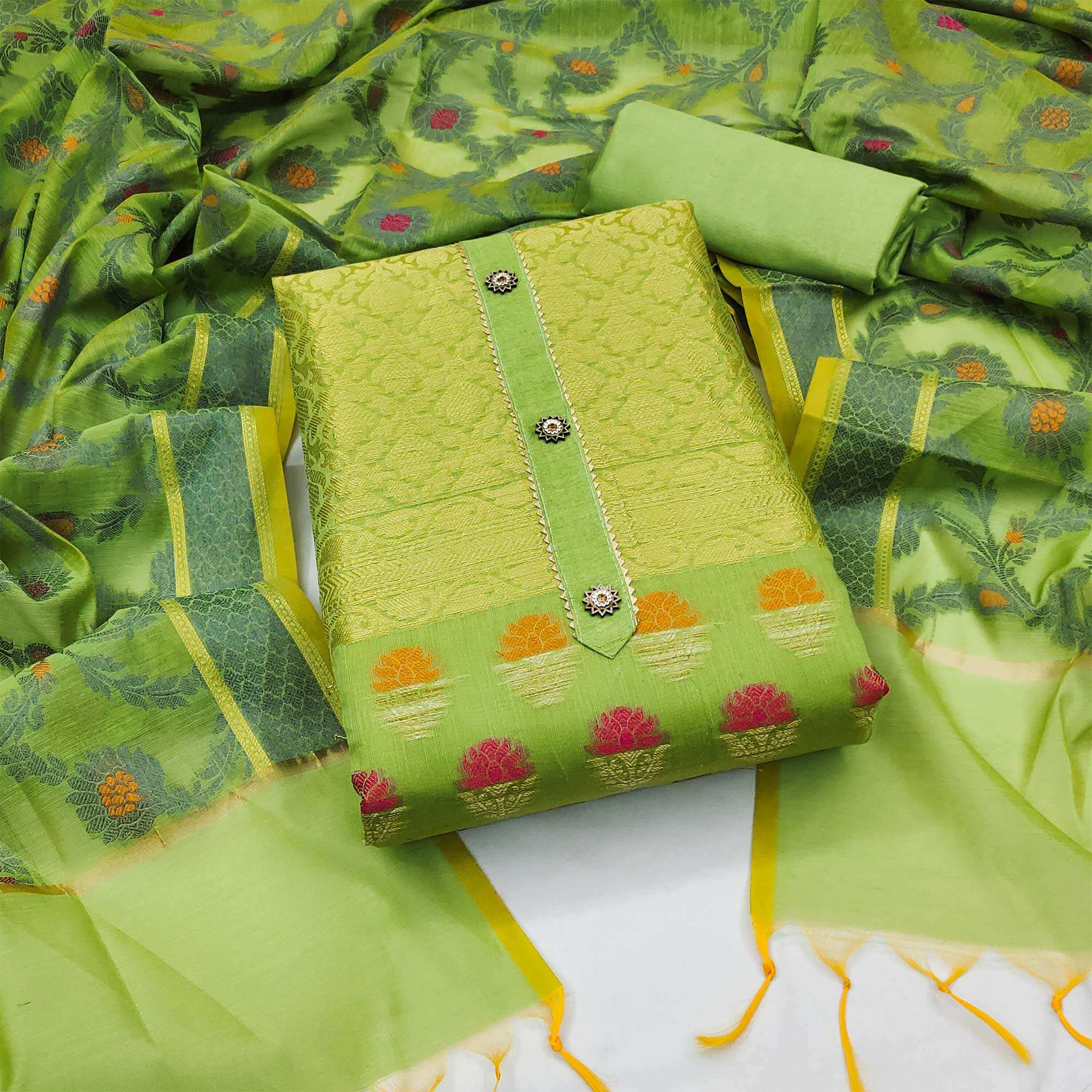 Green Floral Woven Banarasi Silk Dress Material