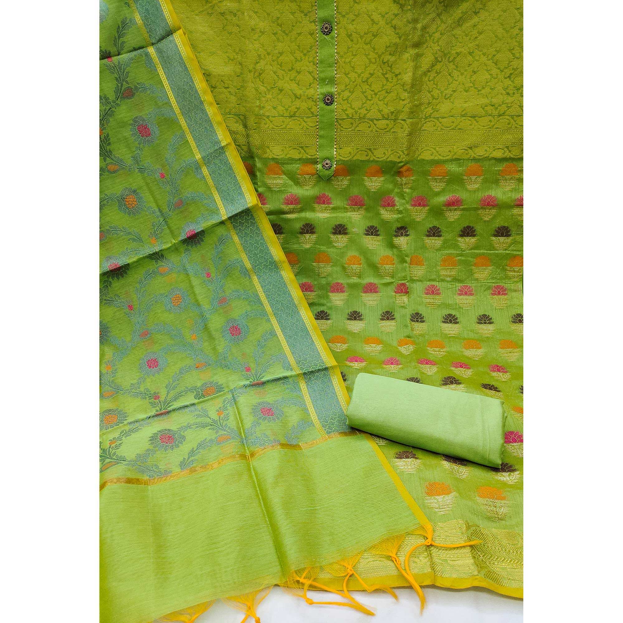 Green Floral Woven Banarasi Silk Dress Material - Image 2