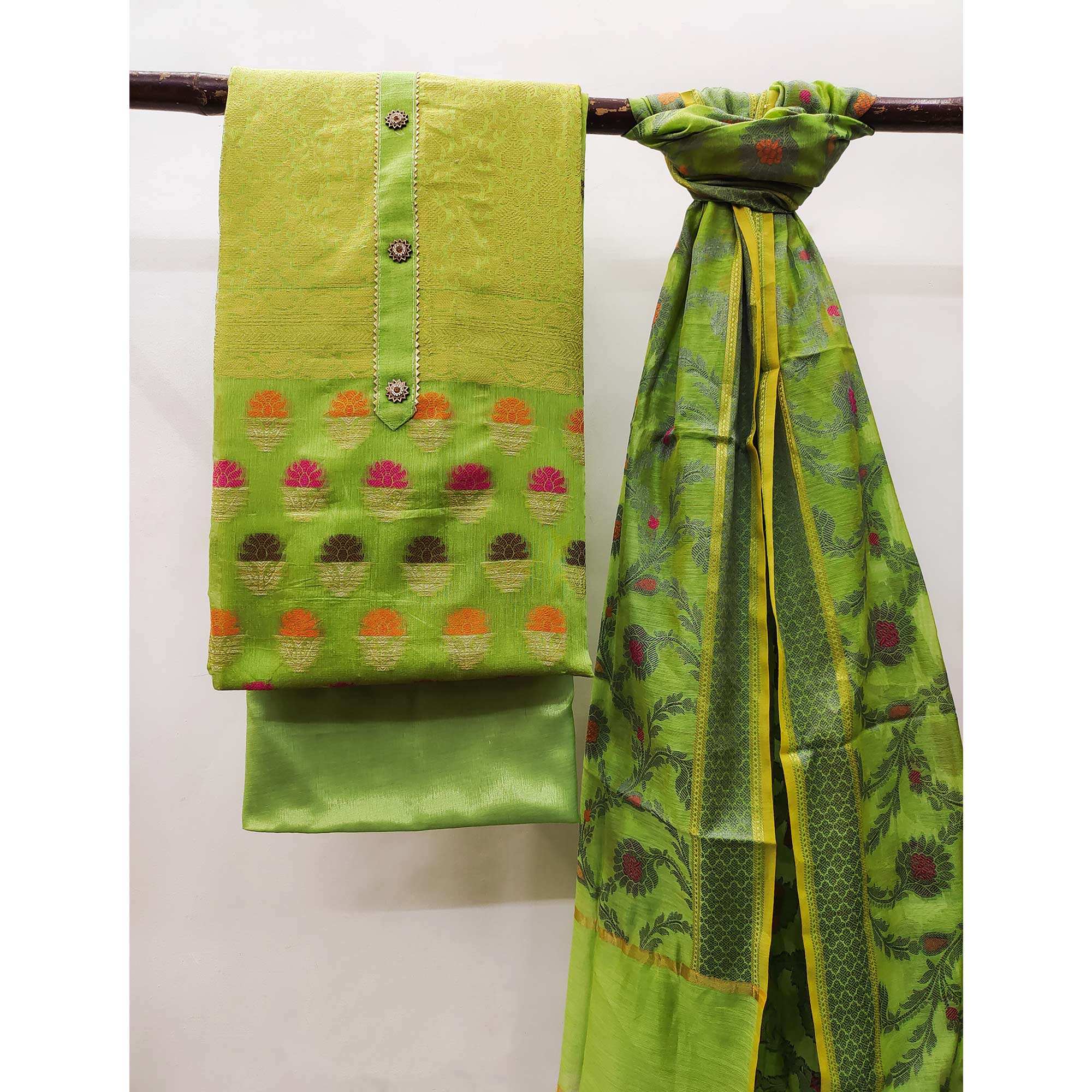 Green Floral Woven Banarasi Silk Dress Material - Image 3