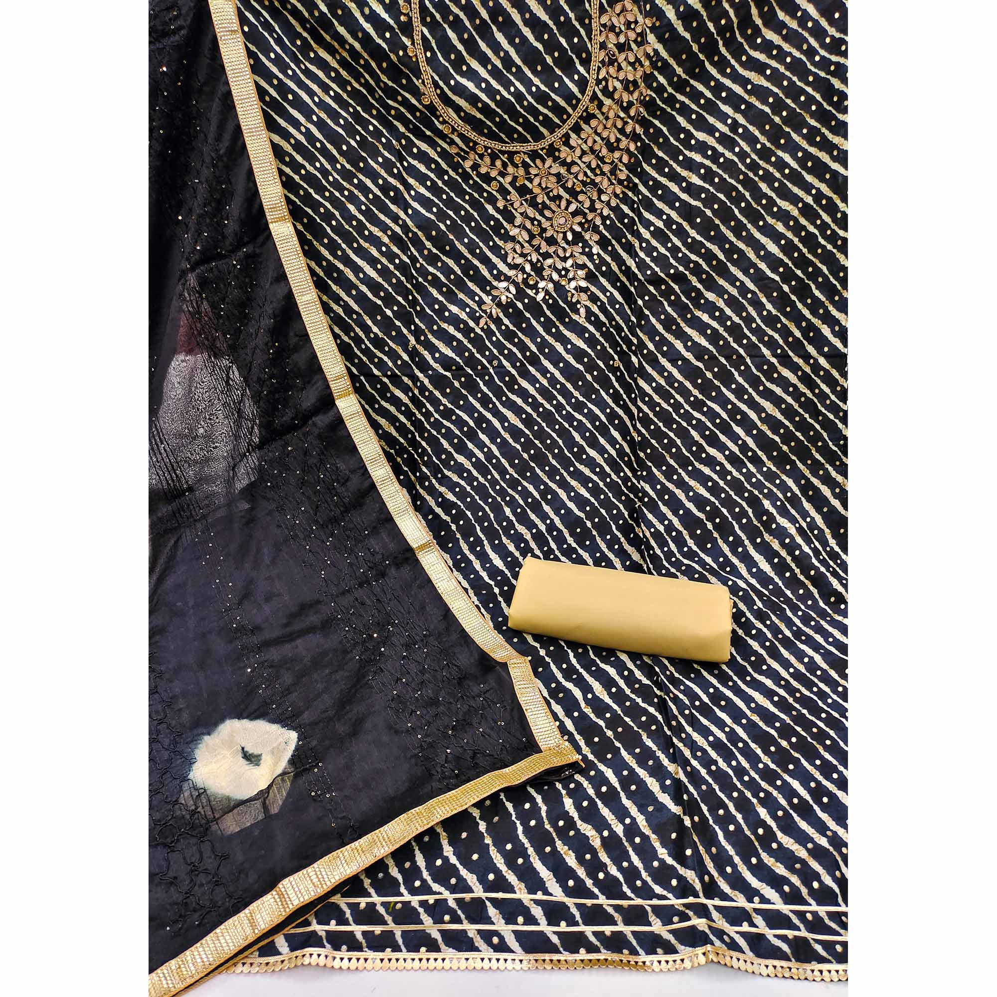 Black Printed With Handwork Pure Cotton Dress Material - Image 2