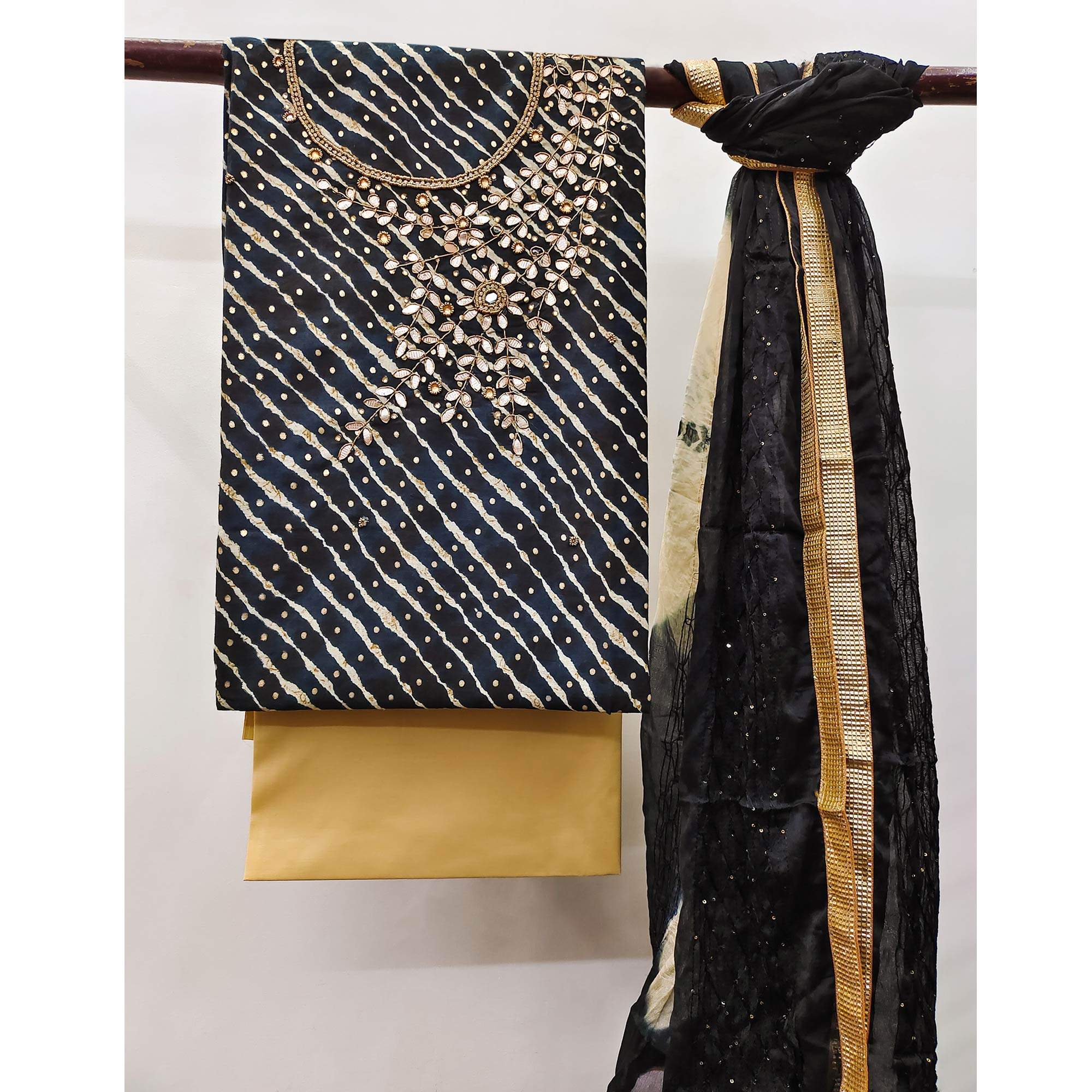 Black Printed With Handwork Pure Cotton Dress Material - Image 3