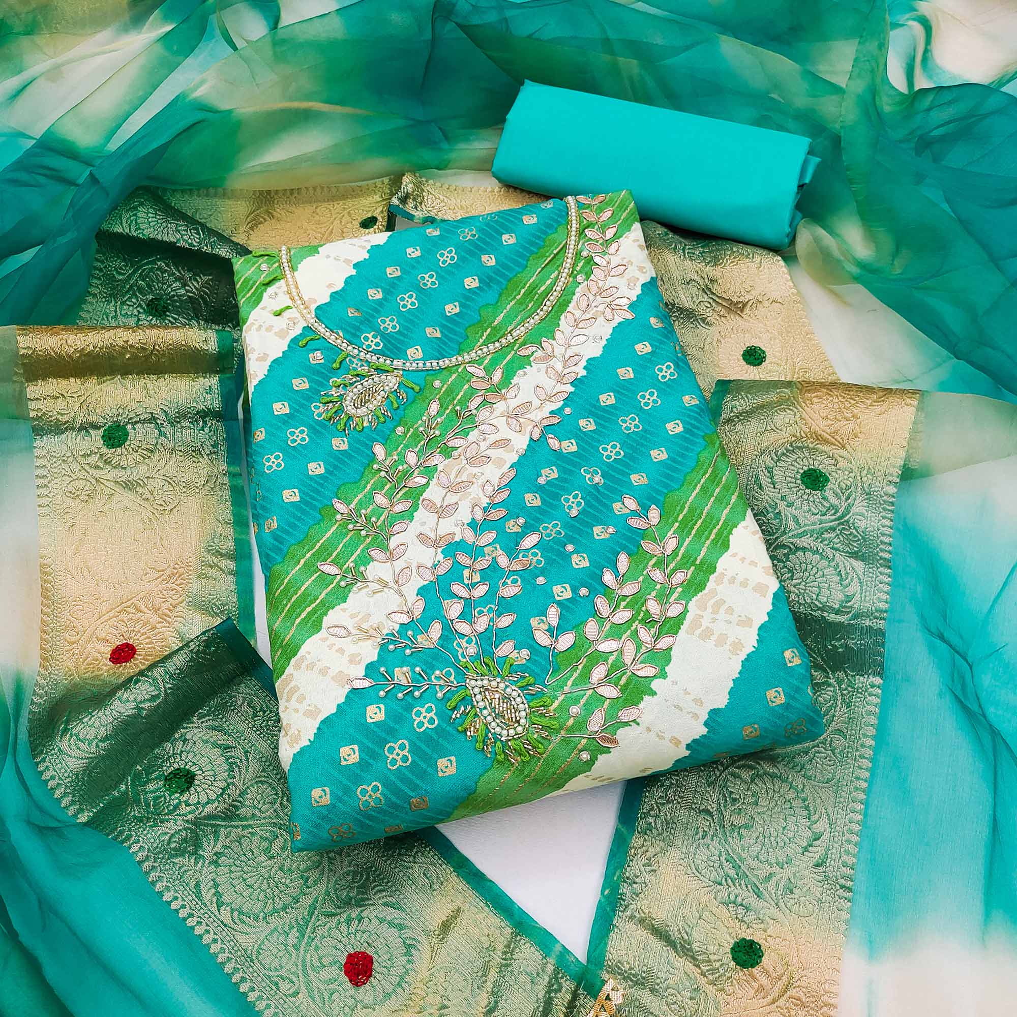Blue Printed With Handwork Pure Cotton Dress Material