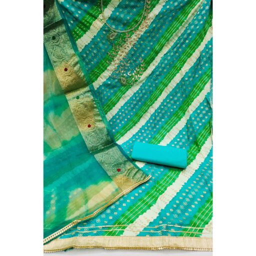 Blue Printed With Handwork Pure Cotton Dress Material - Image 2