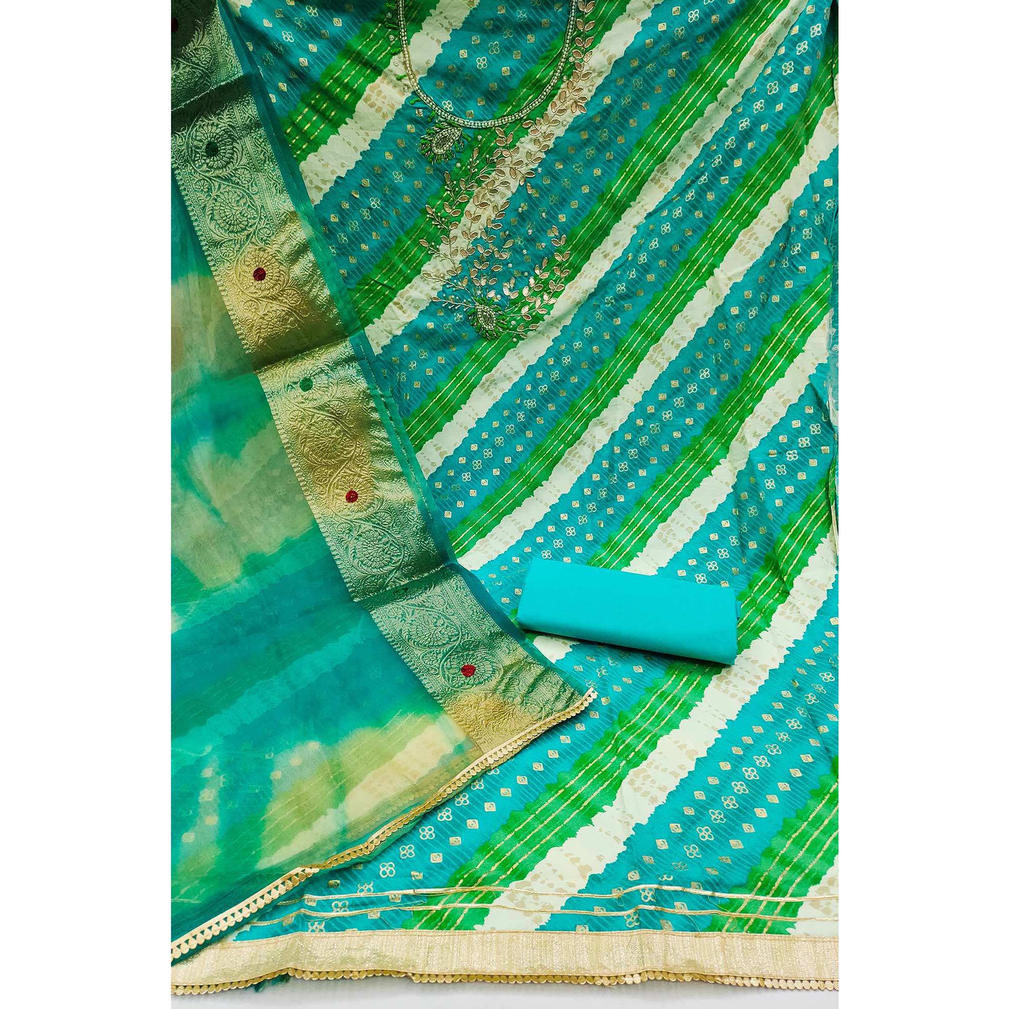 Blue Printed With Handwork Pure Cotton Dress Material - Image 2
