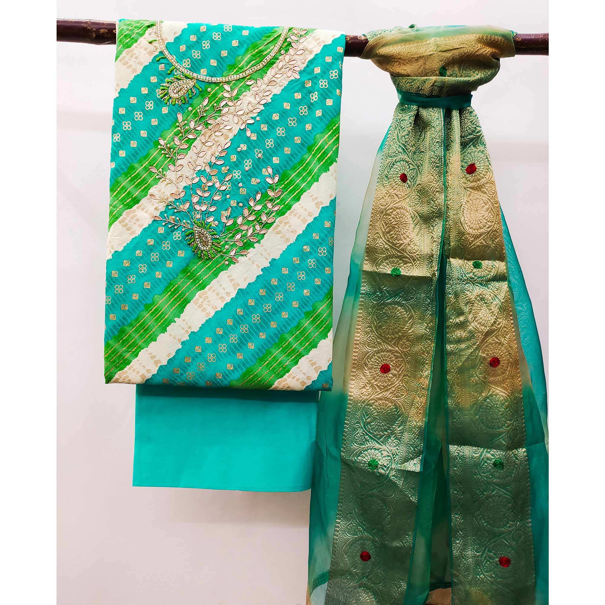 Blue Printed With Handwork Pure Cotton Dress Material - Image 3