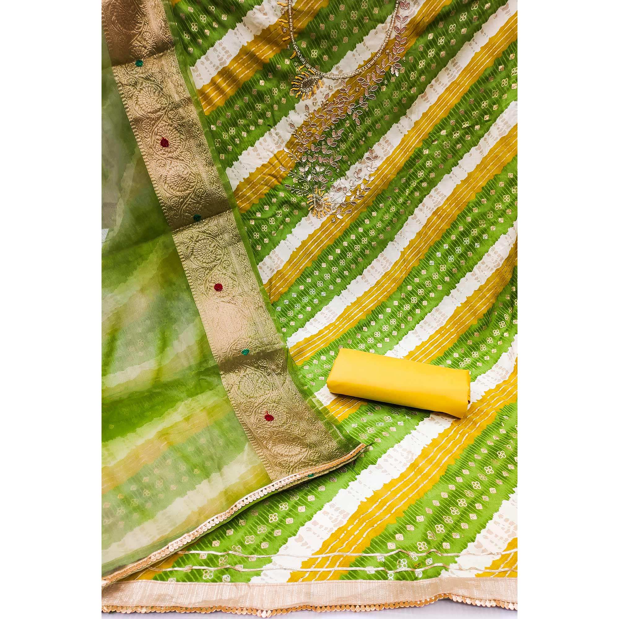 Green Printed With Handwork Pure Cotton Dress Material - Image 2