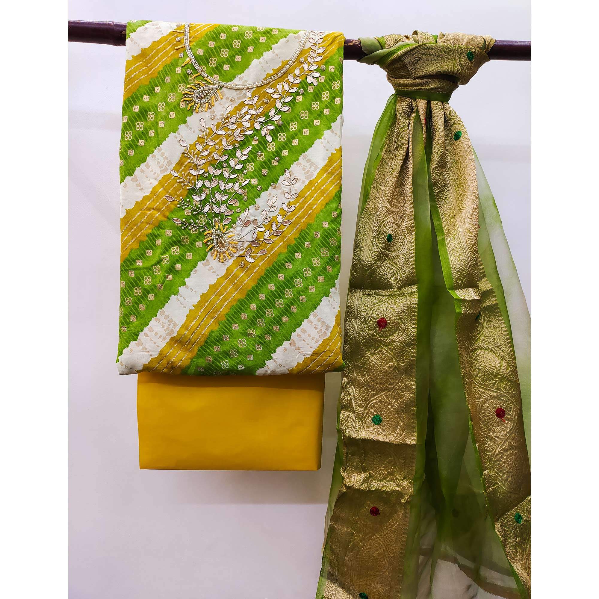 Green Printed With Handwork Pure Cotton Dress Material - Image 3
