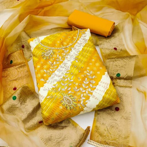Yellow Printed With Handwork Pure Cotton Dress Material
