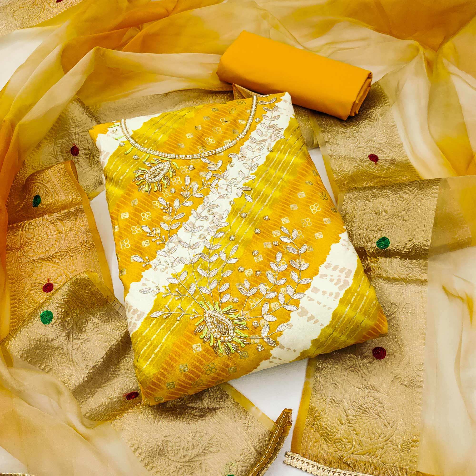 Yellow Printed With Handwork Pure Cotton Dress Material